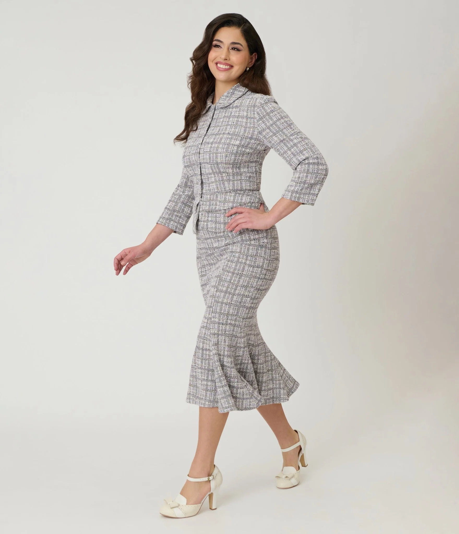 Unique Vintage Lavender Plaid Boucle Trumpet Skirt - Image 4
