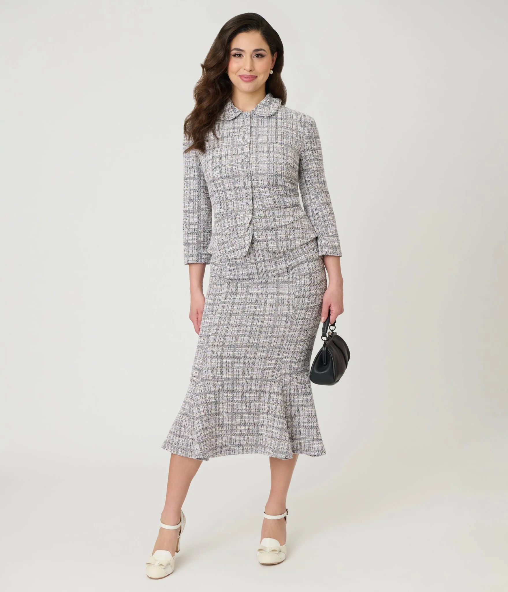 Unique Vintage Lavender Plaid Boucle Trumpet Skirt - Image 5