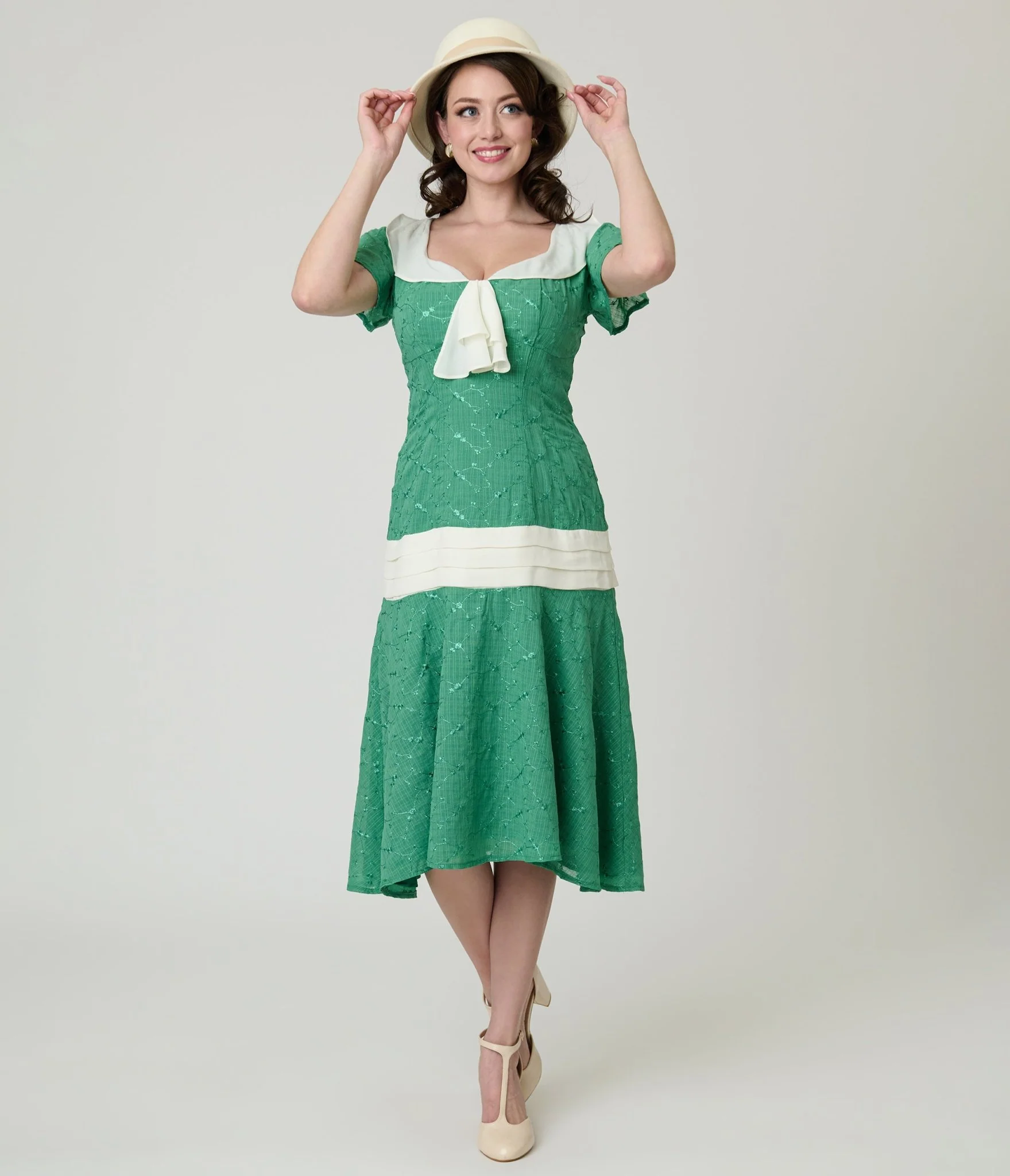 Unique Vintage Light Green & Ivory Wilshire Flapper Dress