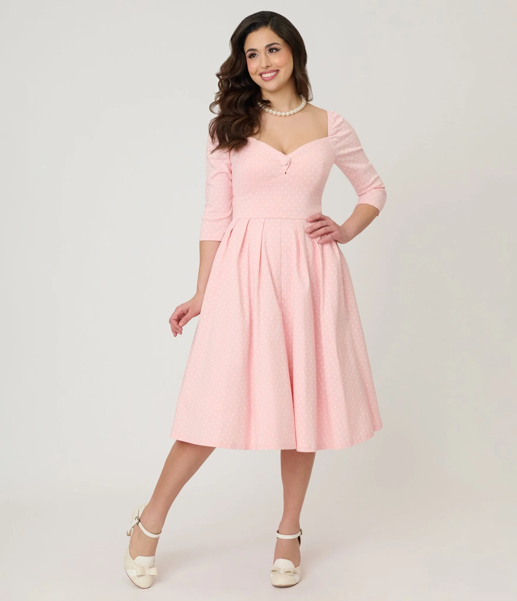 Unique Vintage Light Pink Pin Dot Lamar Swing Dress - Image 3