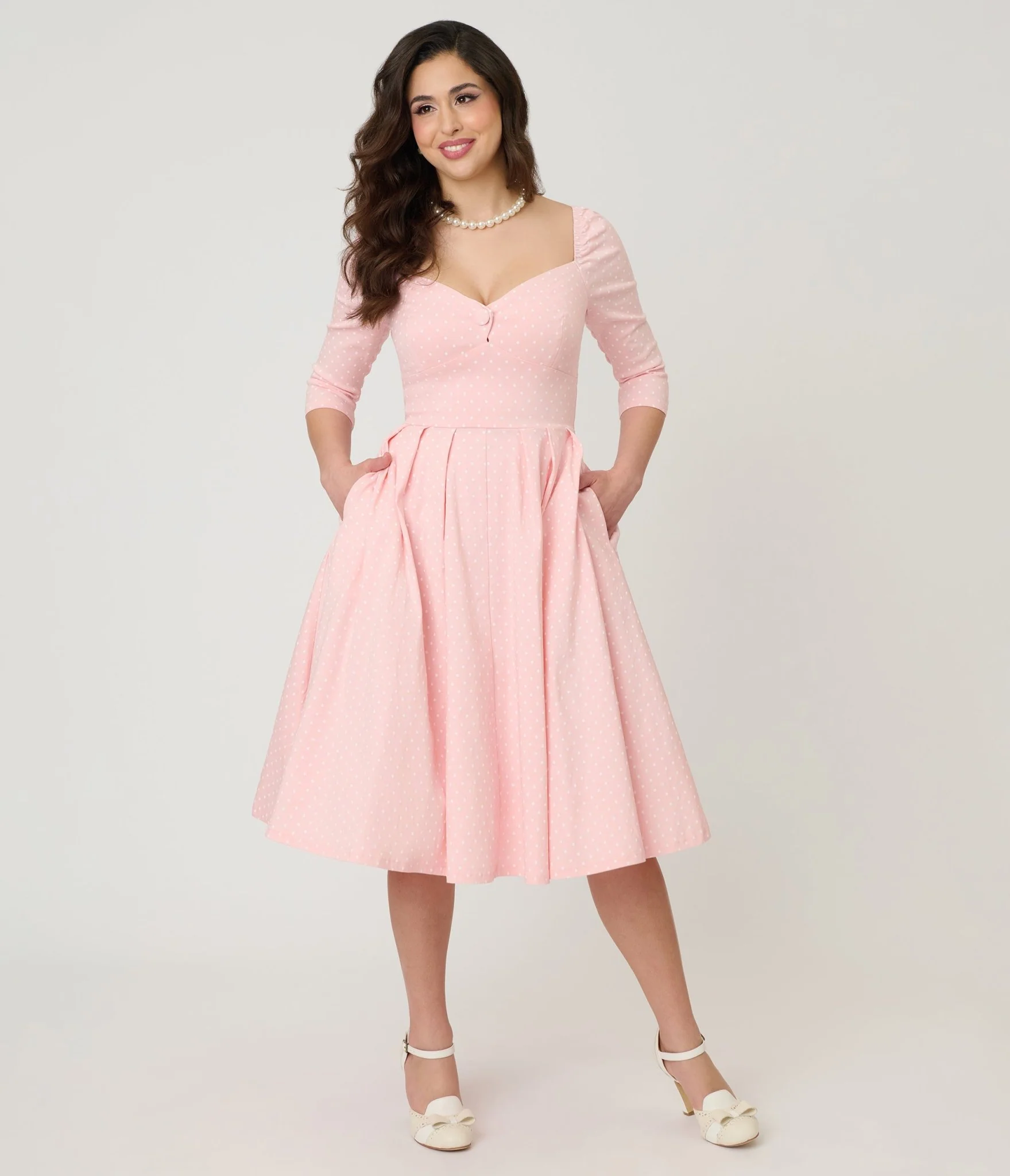 Unique Vintage Light Pink Pin Dot Lamar Swing Dress - Image 4