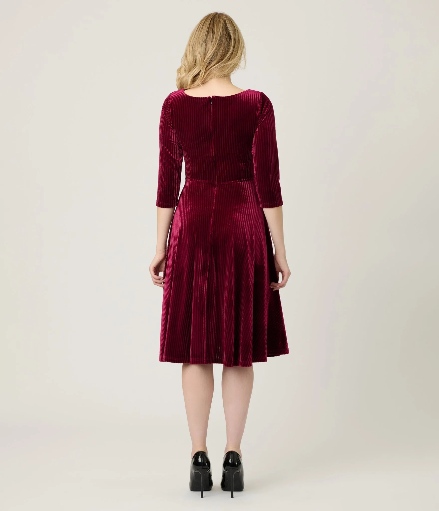 Unique Vintage Merlot Striped Velvet Pleated Bust Swing Dress - Image 2