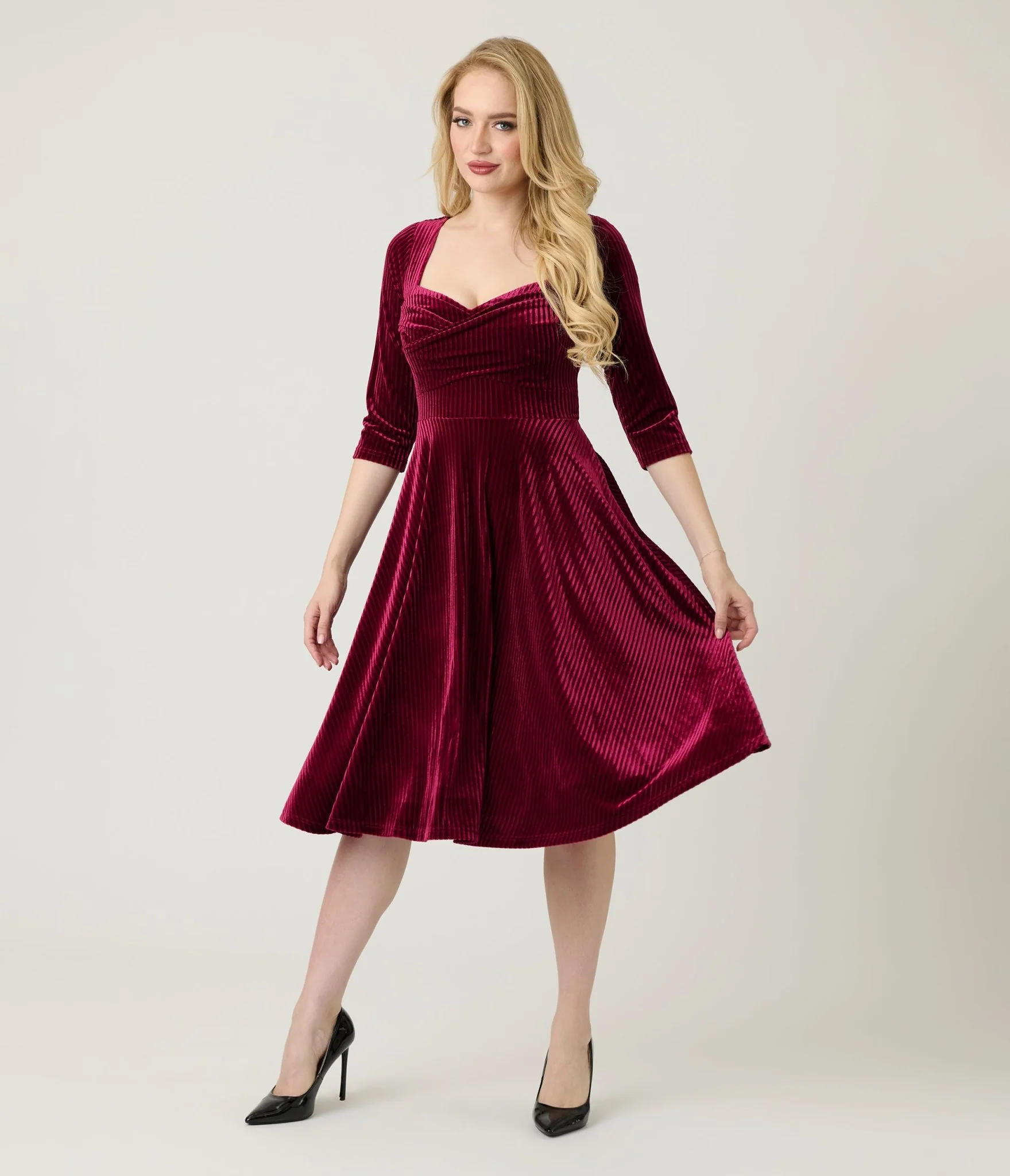 Unique Vintage Merlot Striped Velvet Pleated Bust Swing Dress - Image 3