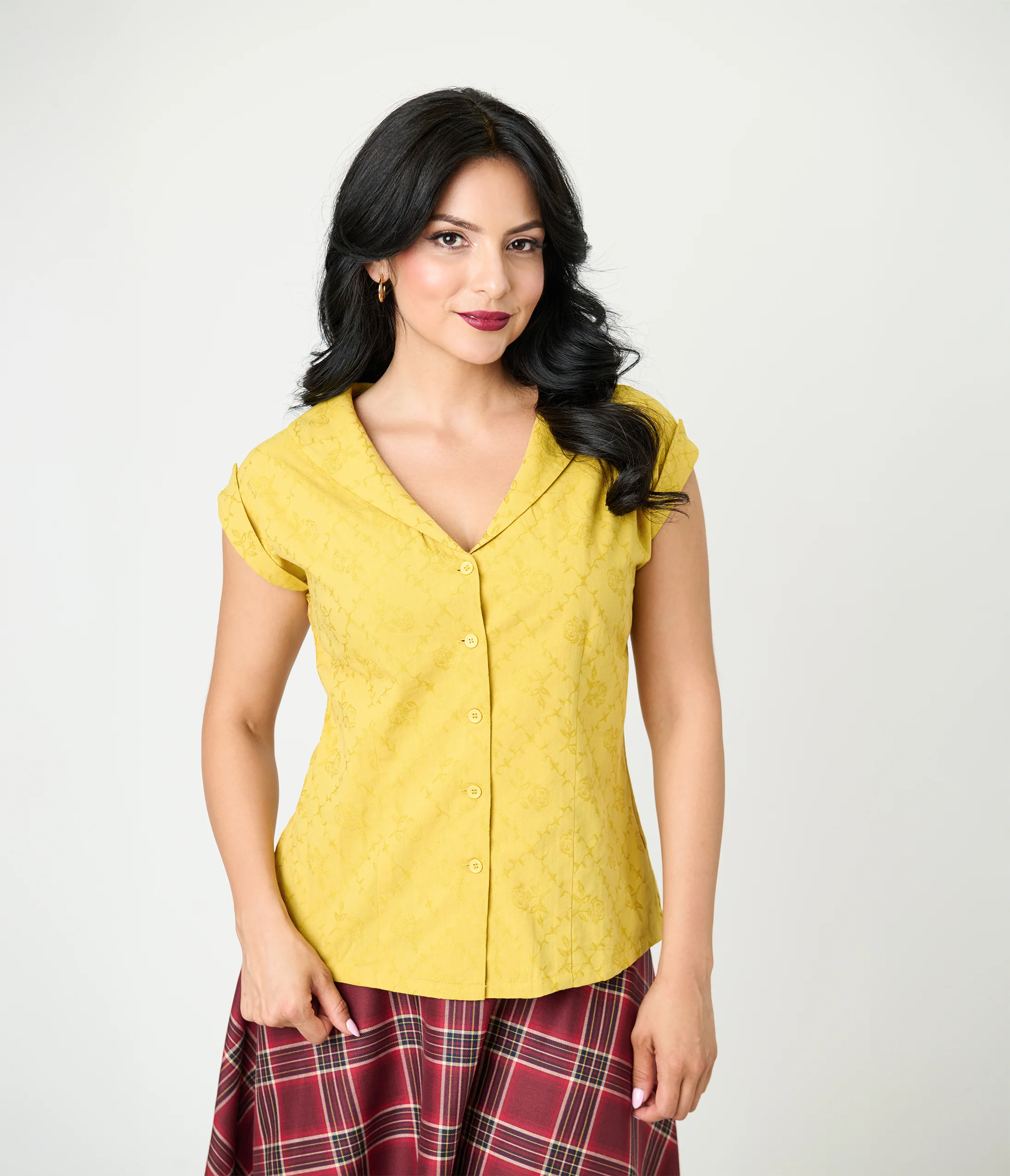 Unique Vintage Mustard Jacquard Sleeveless Blouse - Image 3