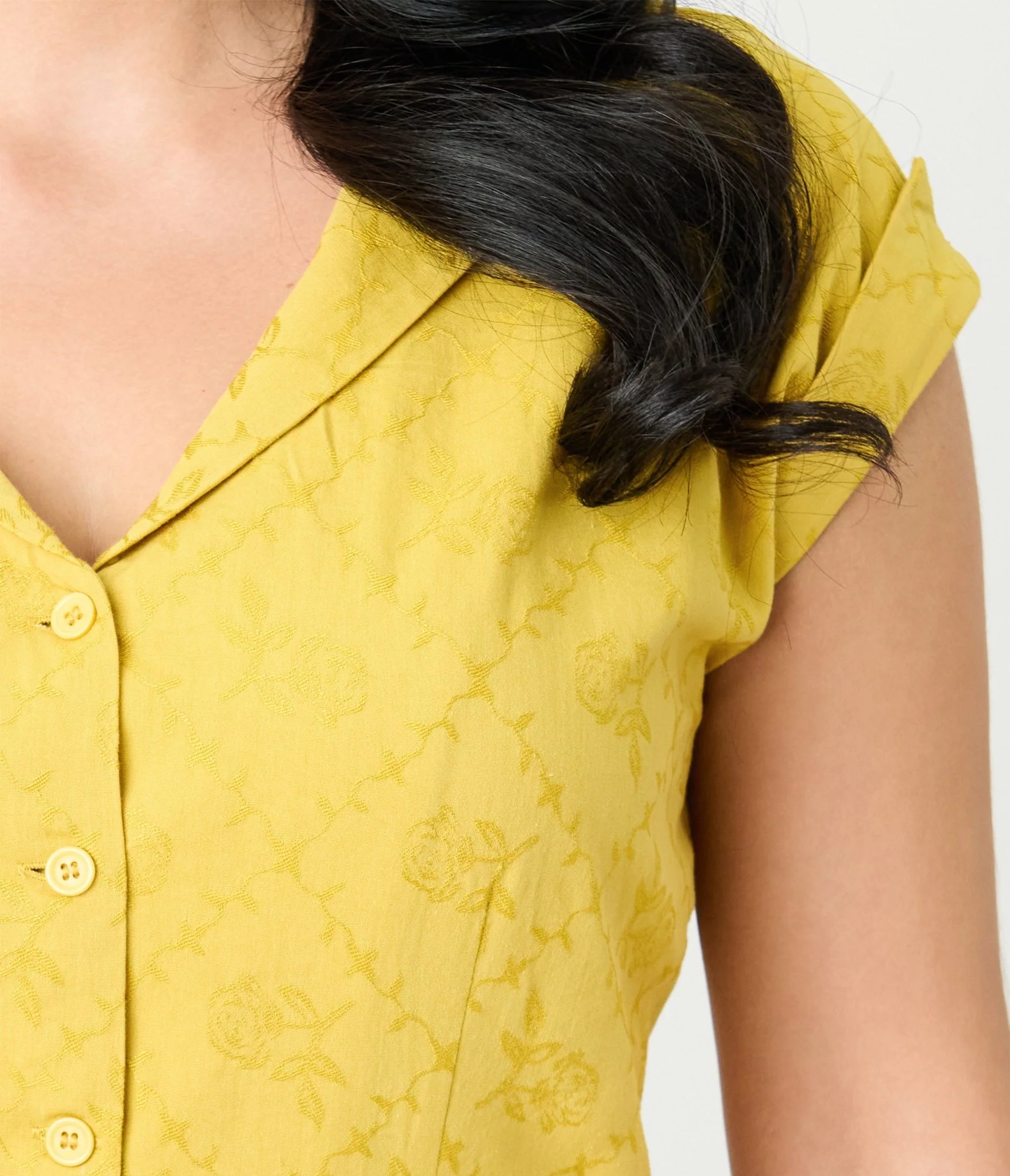Unique Vintage Mustard Jacquard Sleeveless Blouse - Image 5