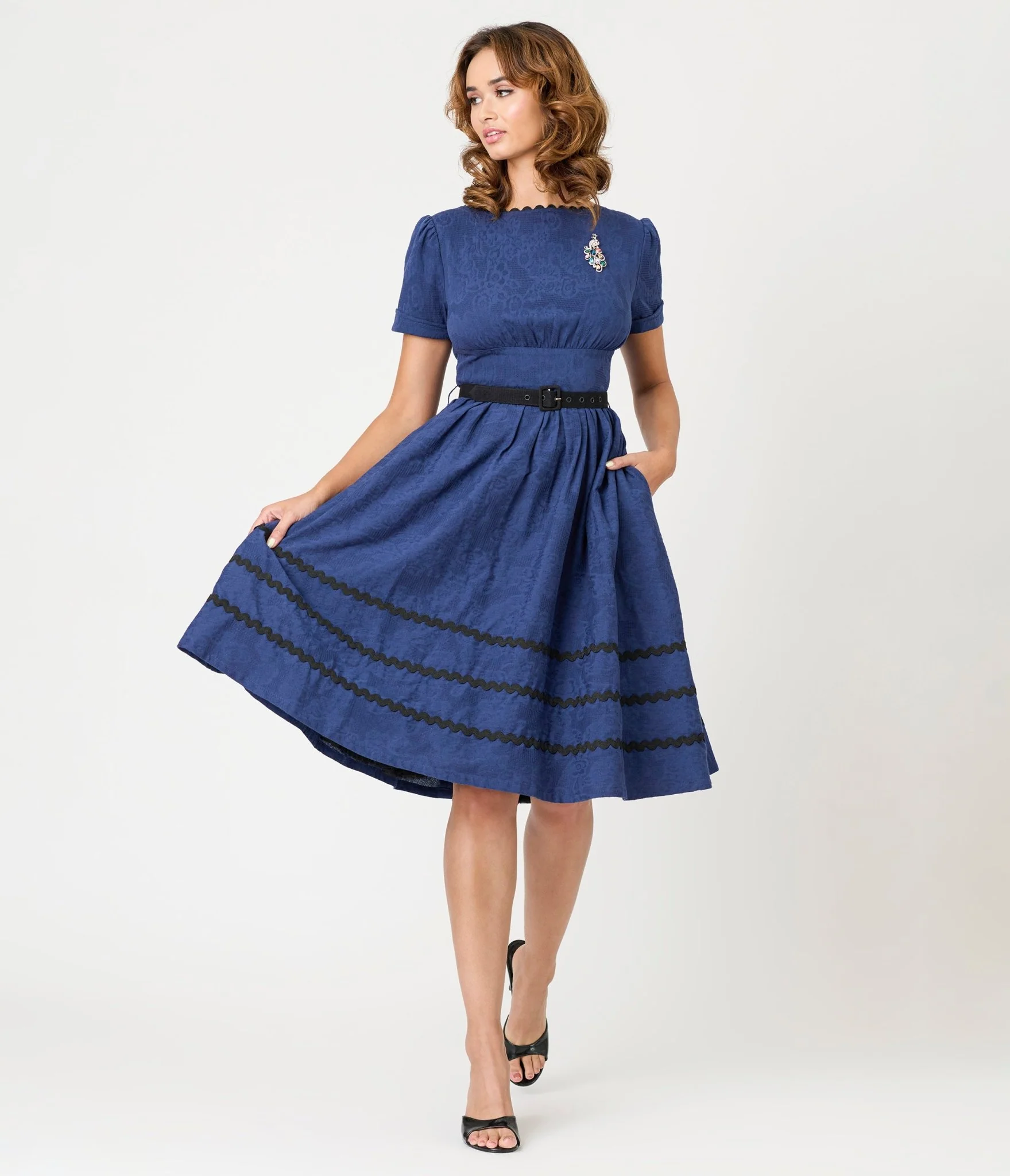 Unique Vintage Navy & Black Peacock Pin Cotton Swing Dress