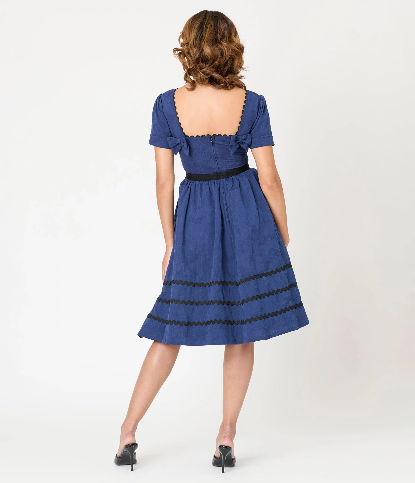 Unique Vintage Navy & Black Peacock Pin Cotton Swing Dress - Image 2