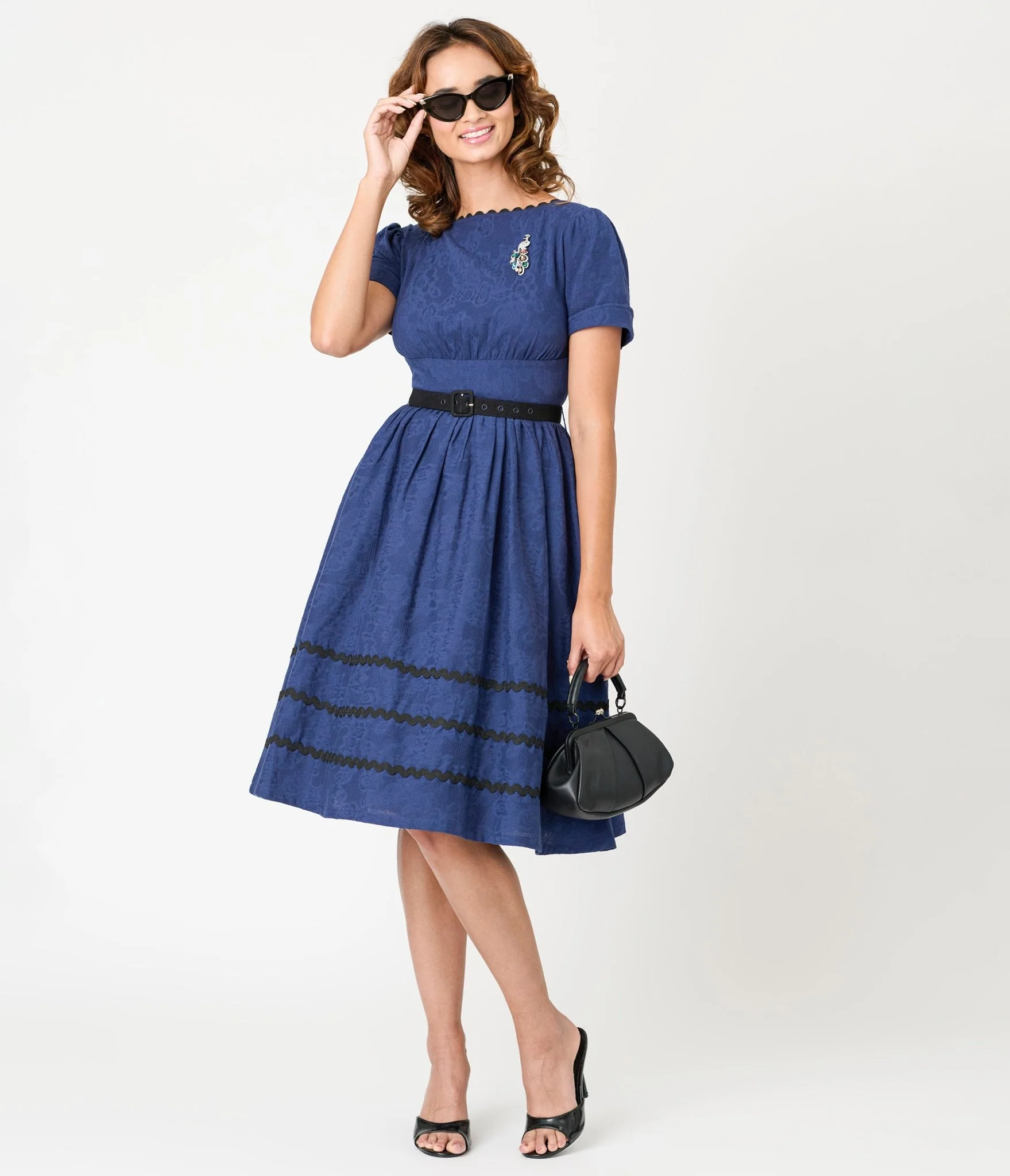 Unique Vintage Navy & Black Peacock Pin Cotton Swing Dress - Image 3