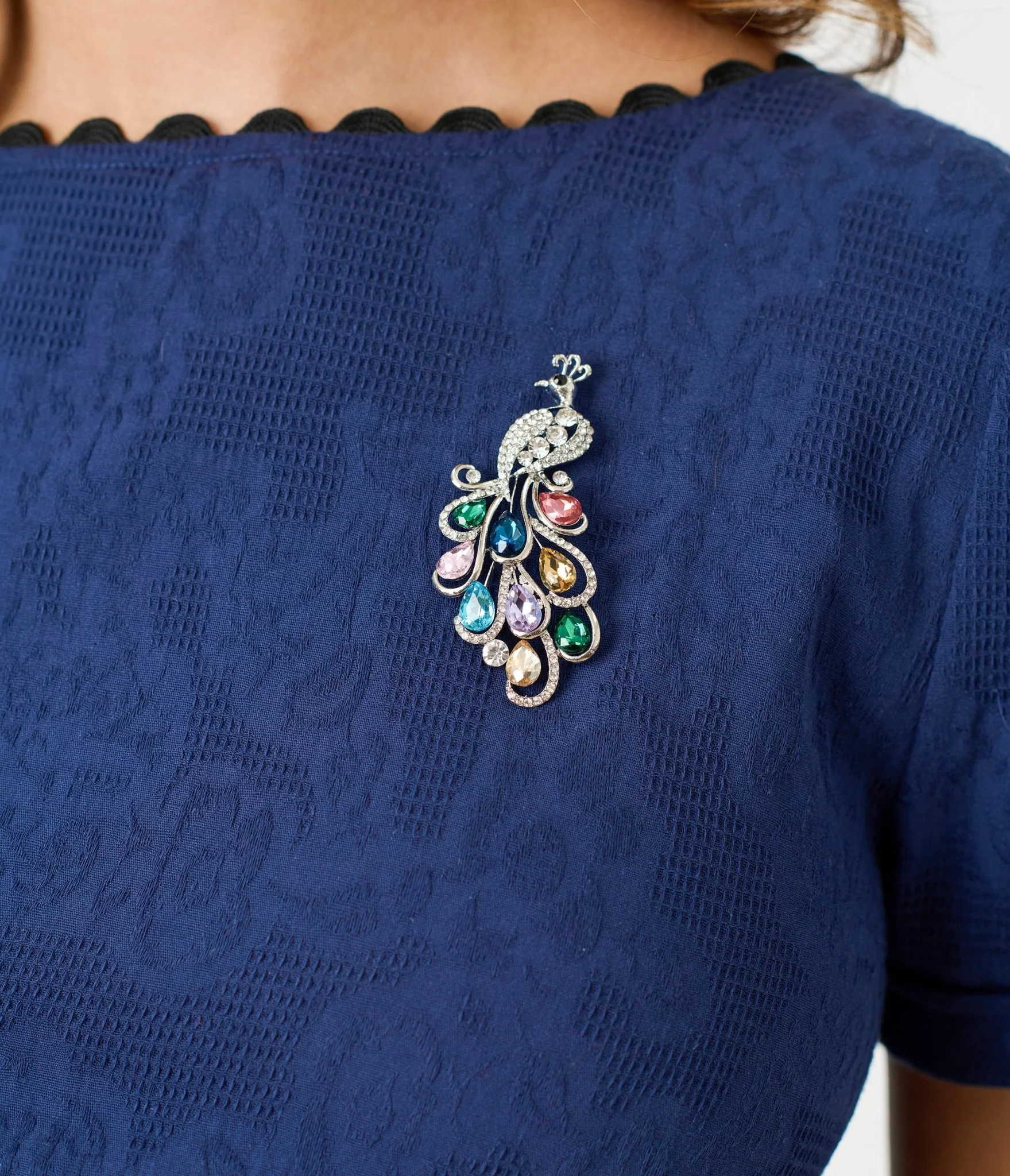 Unique Vintage Navy & Black Peacock Pin Cotton Swing Dress - Image 4
