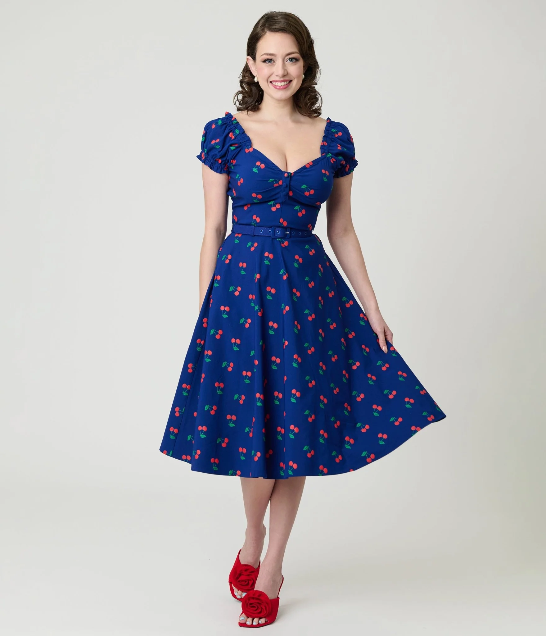 Unique Vintage Navy & Cherries Ohara Swing Dress