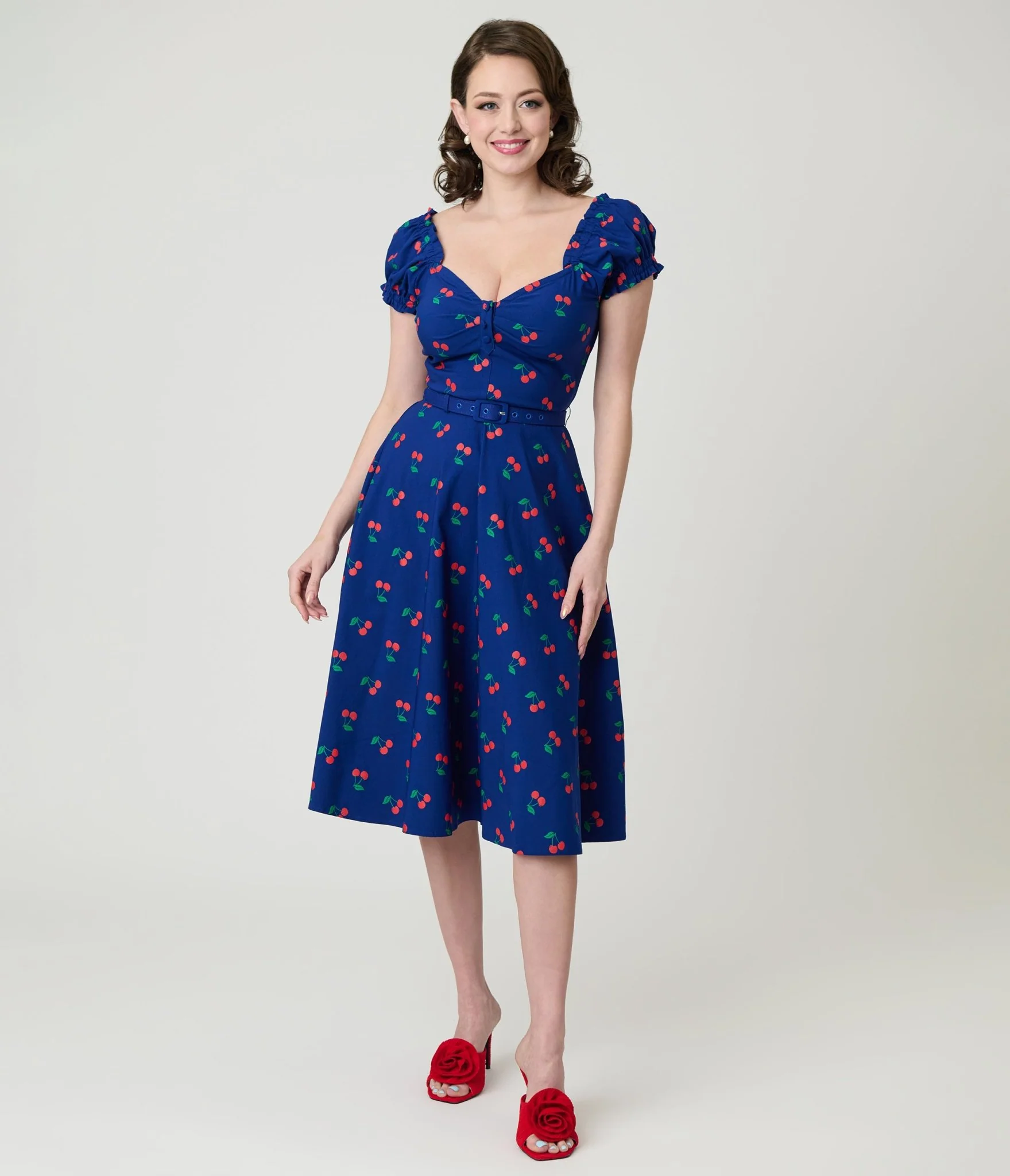 Unique Vintage Navy & Cherries Ohara Swing Dress - Image 3
