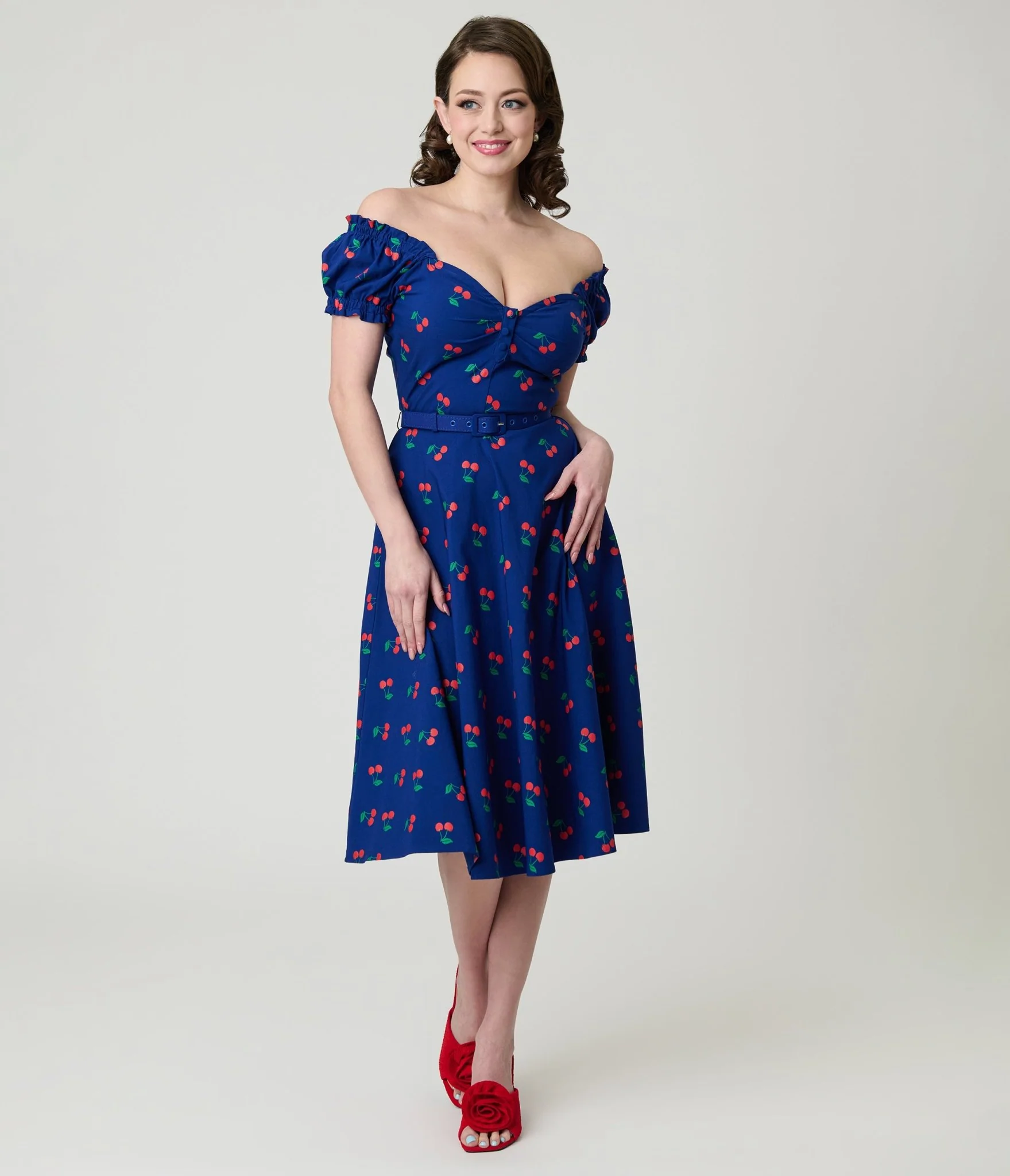 Unique Vintage Navy & Cherries Ohara Swing Dress - Image 4
