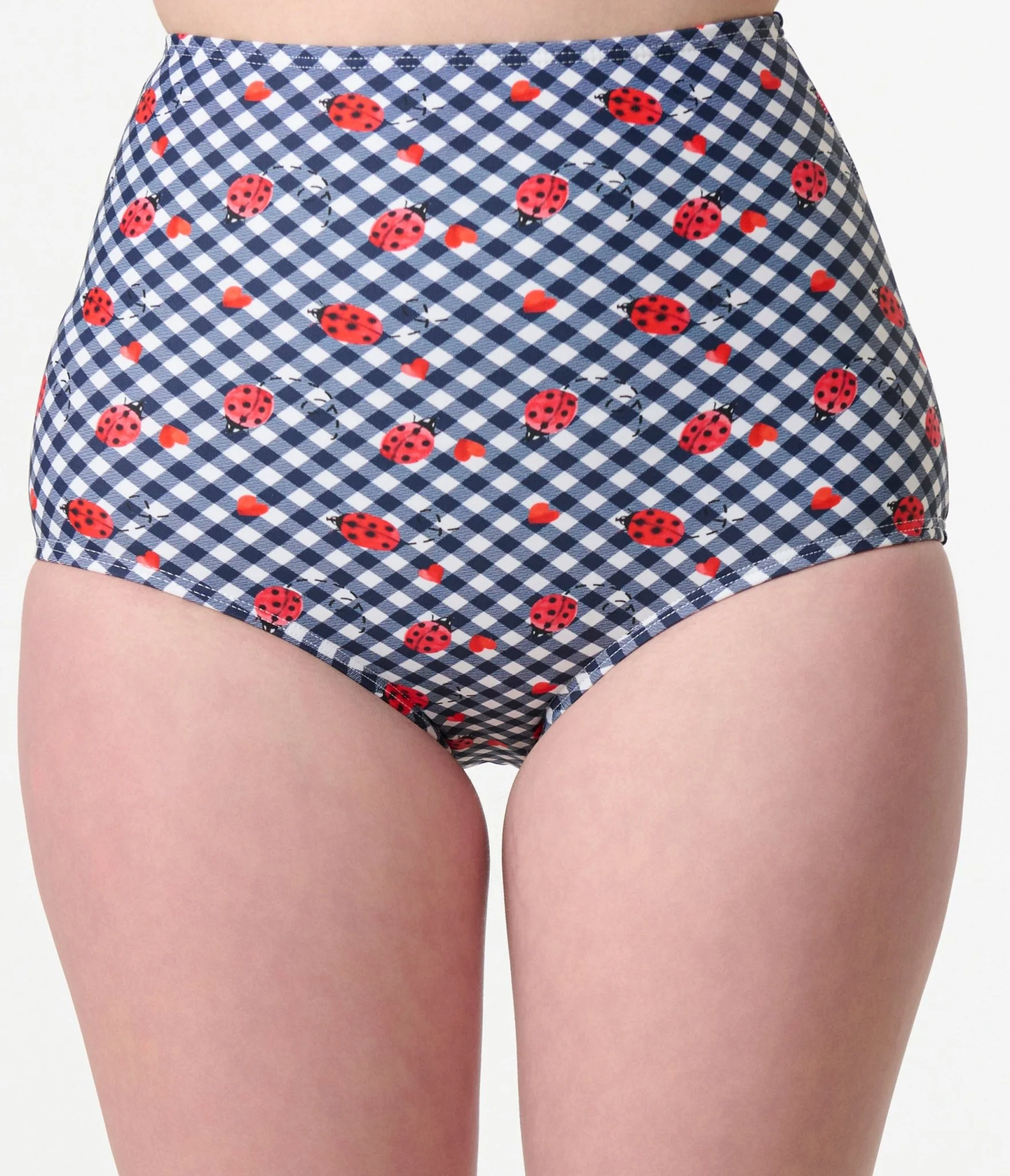 Unique Vintage Navy Gingham & Ladybug Print High Waist Louise Swim Bottom - Image 3