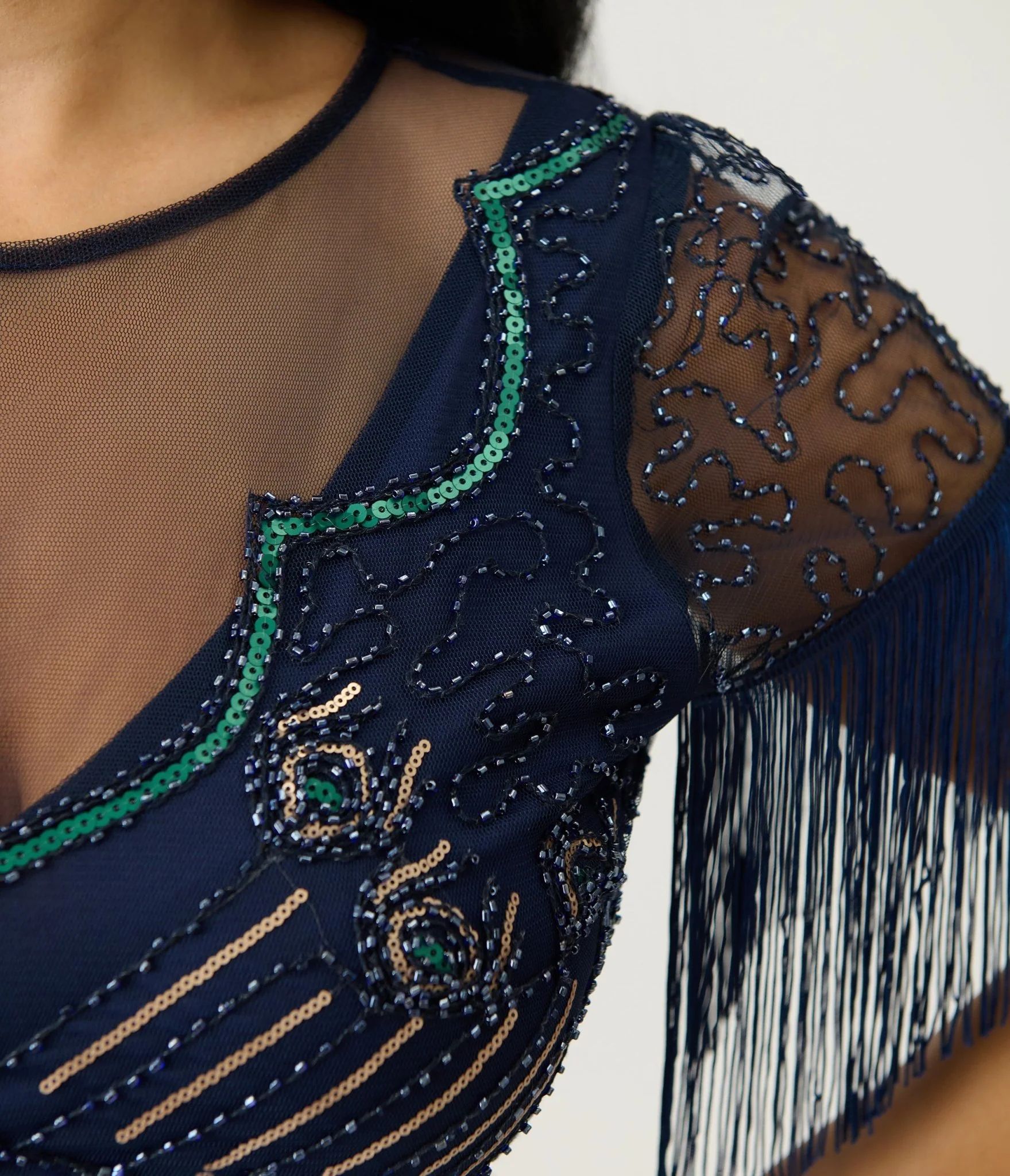 Unique Vintage Navy & Green Peacock Beaded Nadine Fringe Flapper Dress - Image 5