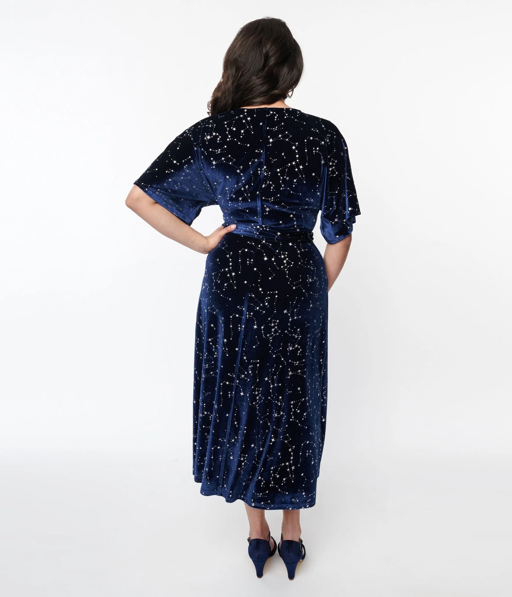 Unique Vintage 1970s Navy & Silver Stars Velvet Wrap Midi Dress - Image 3