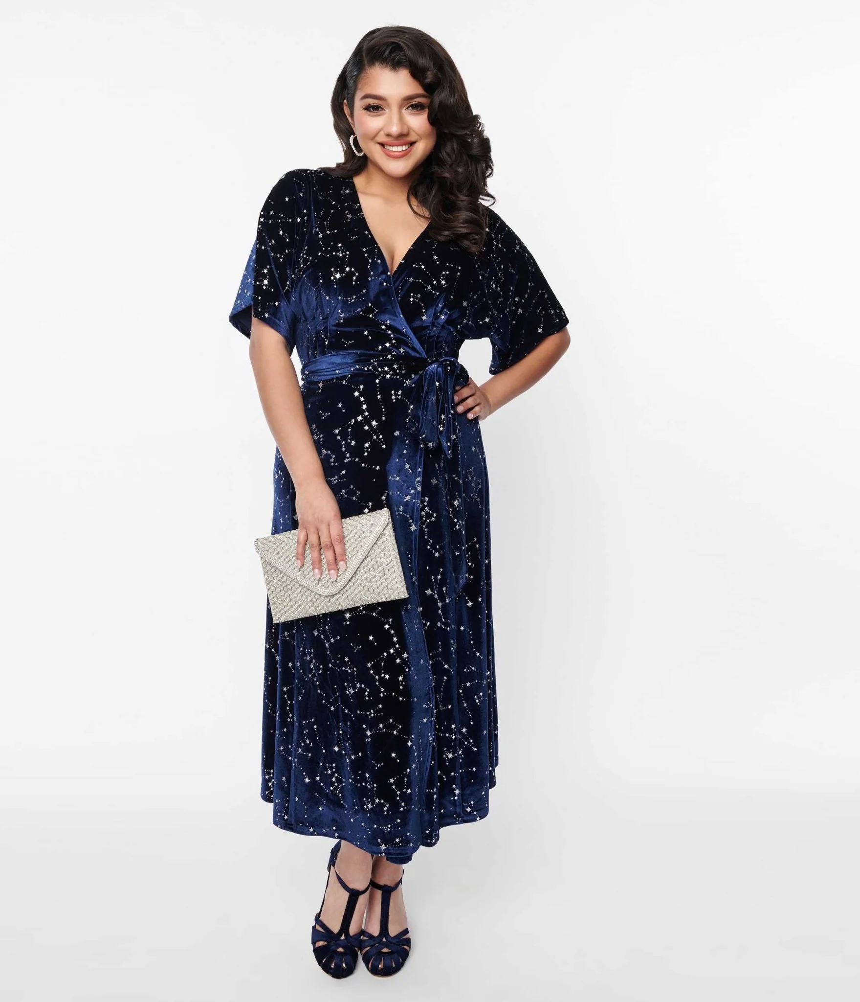 Unique Vintage 1970s Navy & Silver Stars Velvet Wrap Midi Dress - Image 4