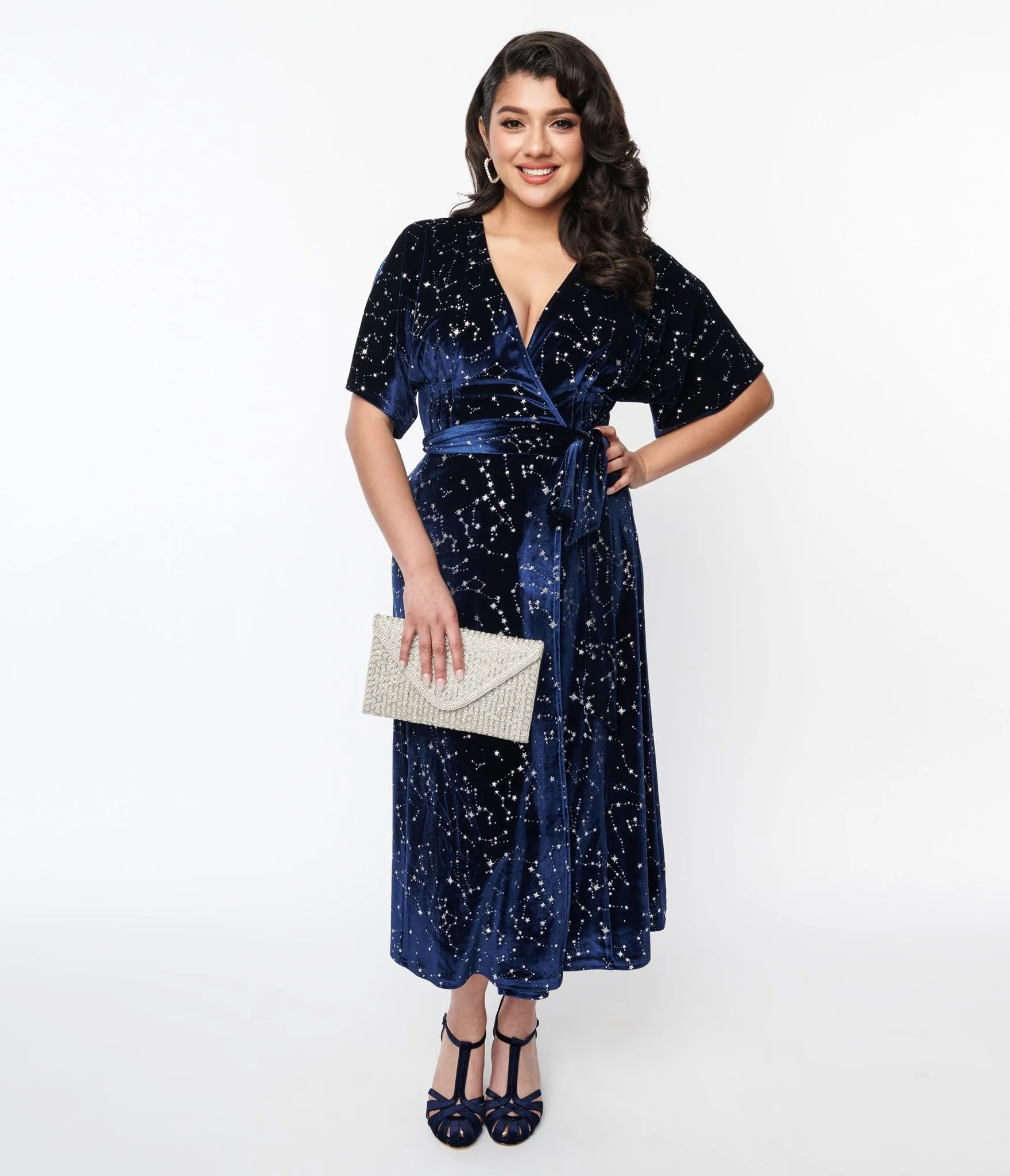 Unique Vintage 1970s Navy & Silver Stars Velvet Wrap Midi Dress - Image 5