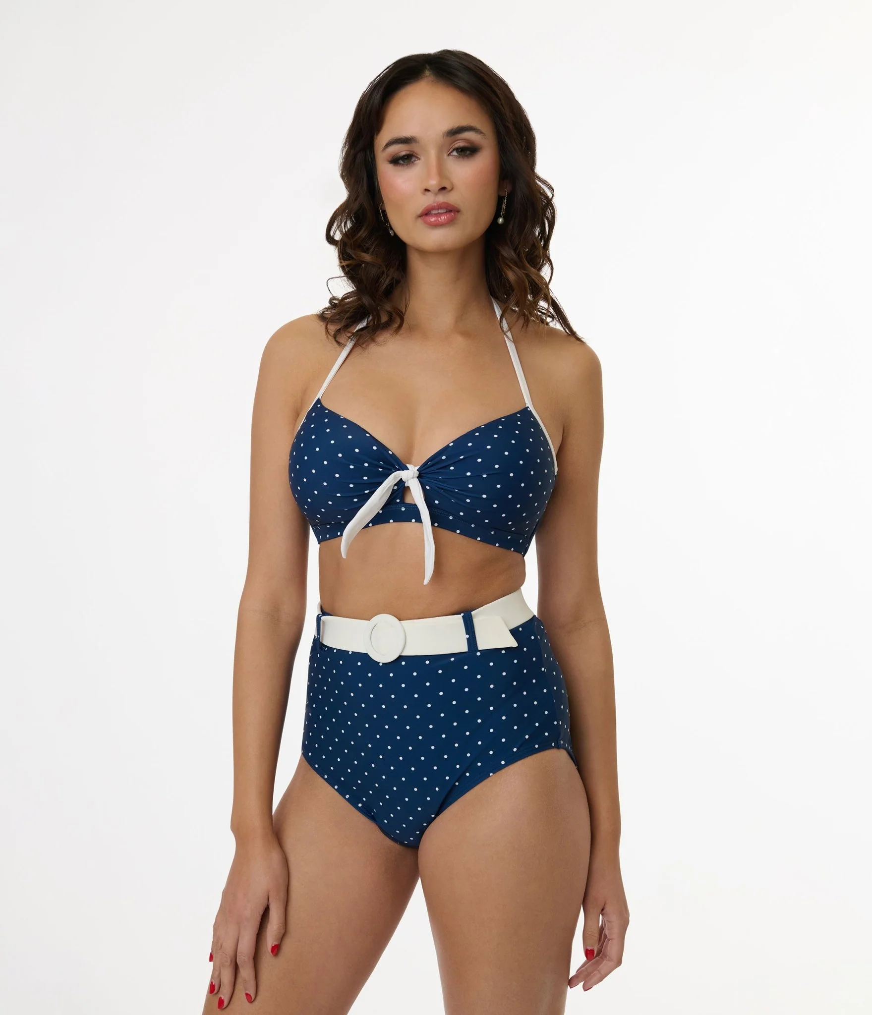 Unique Vintage Navy & White Pin Dot Halter Swim Top - Image 3