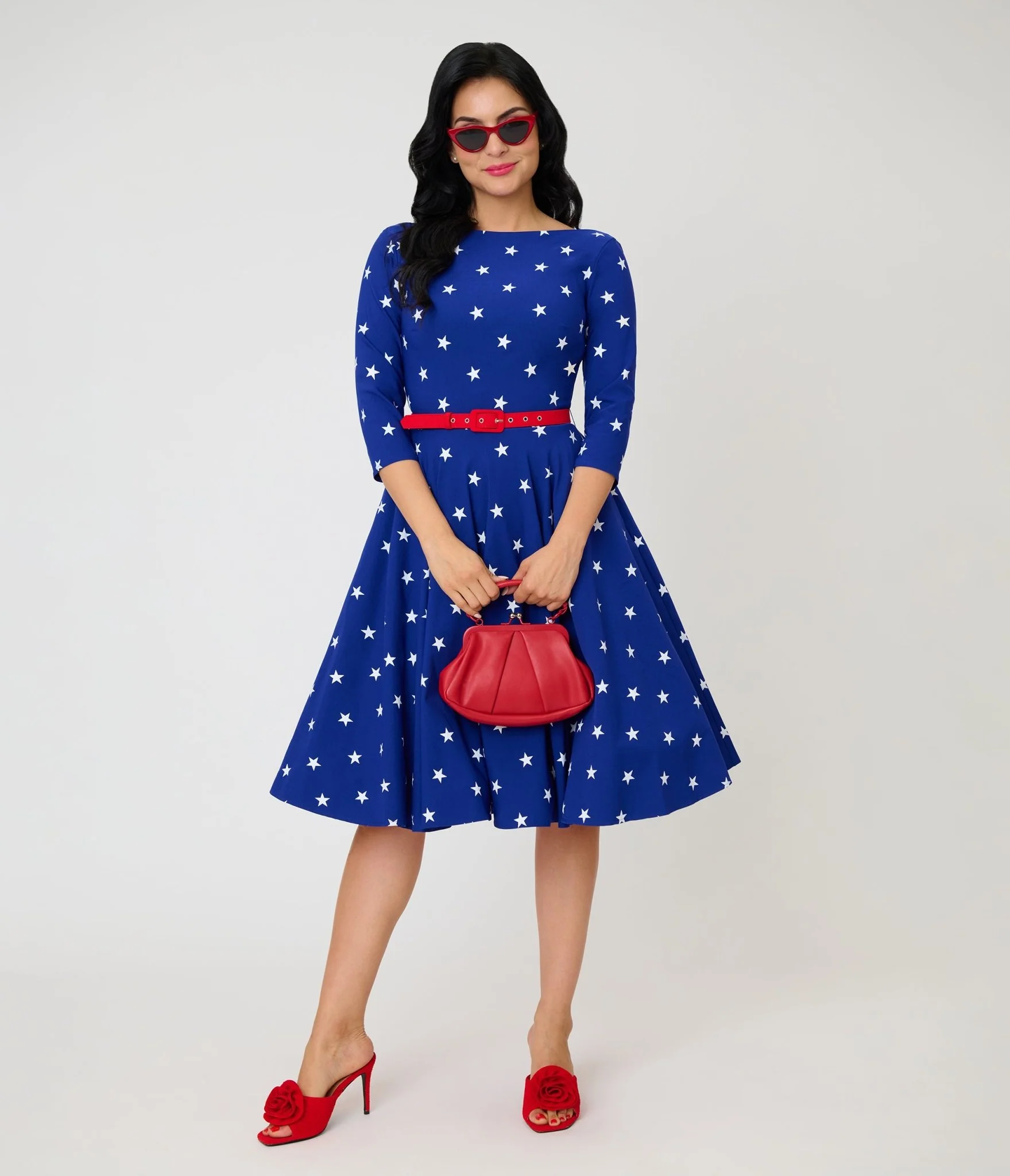 Unique Vintage Navy & White Star Devon Swing Dress - Image 4