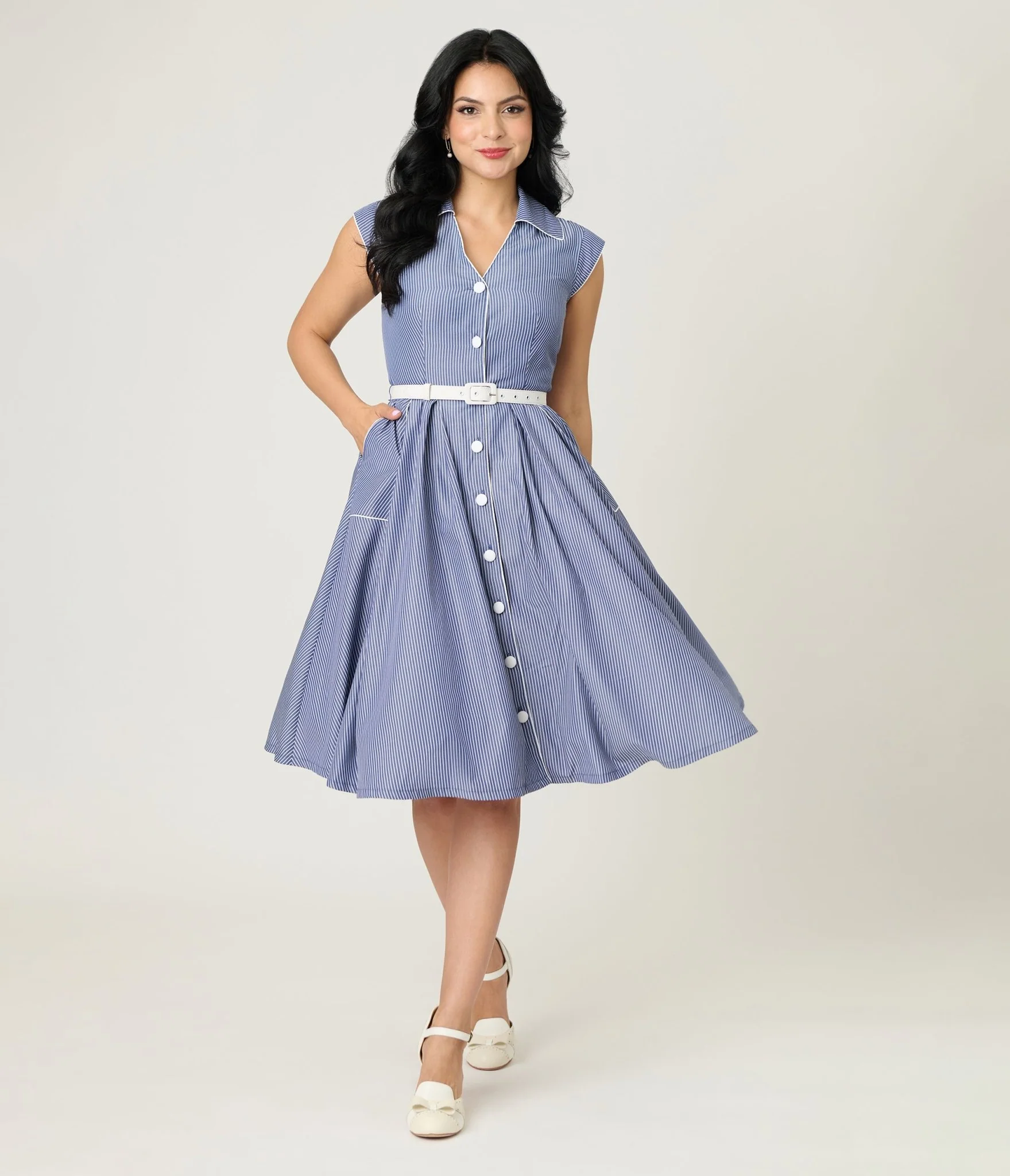 Unique Vintage Navy & White Stripe Shirt Swing Dress - Image 3