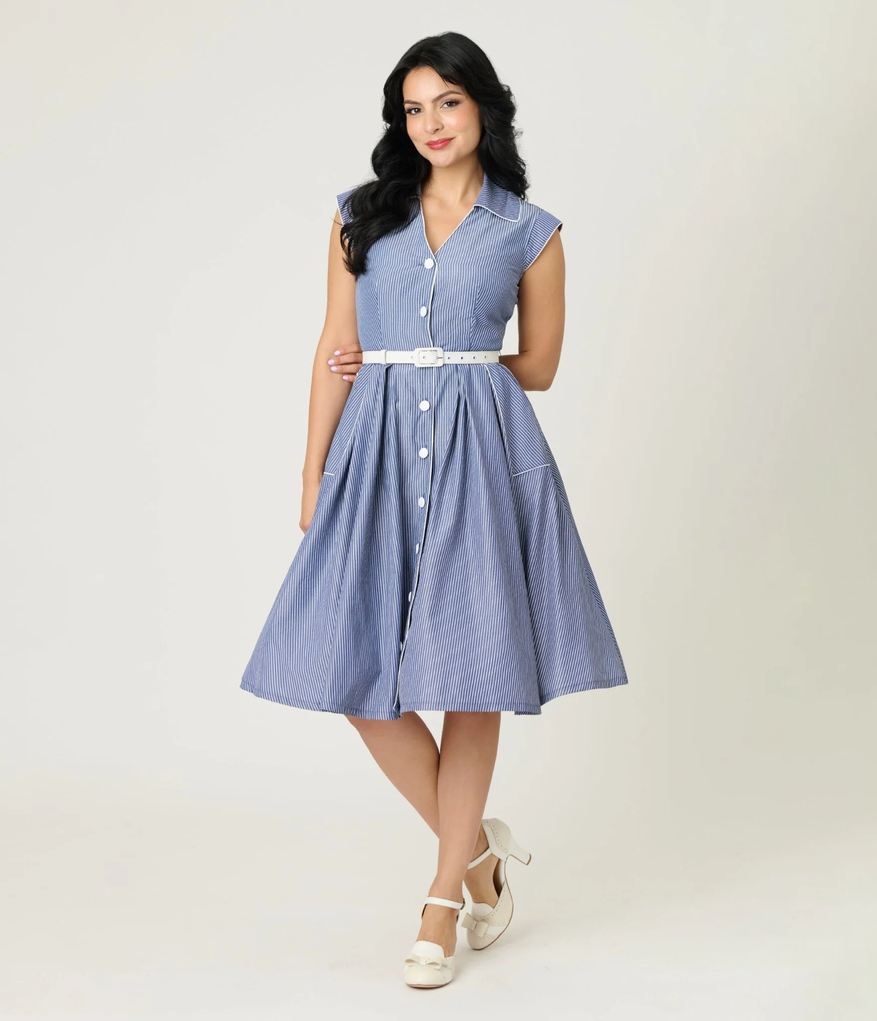 Unique Vintage Navy & White Stripe Shirt Swing Dress - Image 4