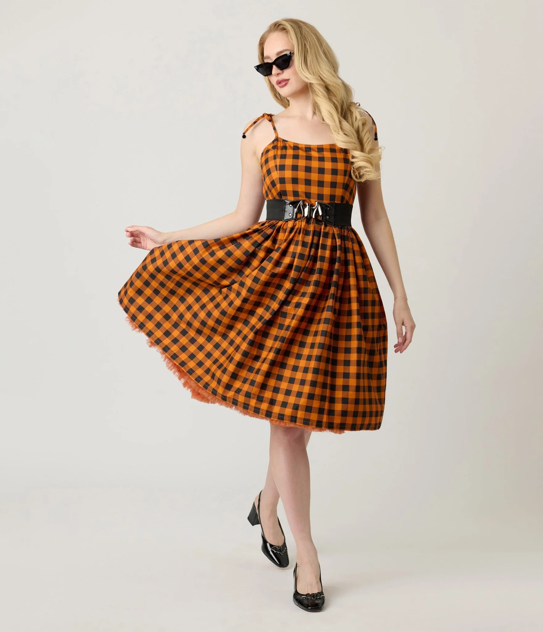 Unique Vintage Orange & Black Gingham Cotton Bobbie Swing Dress