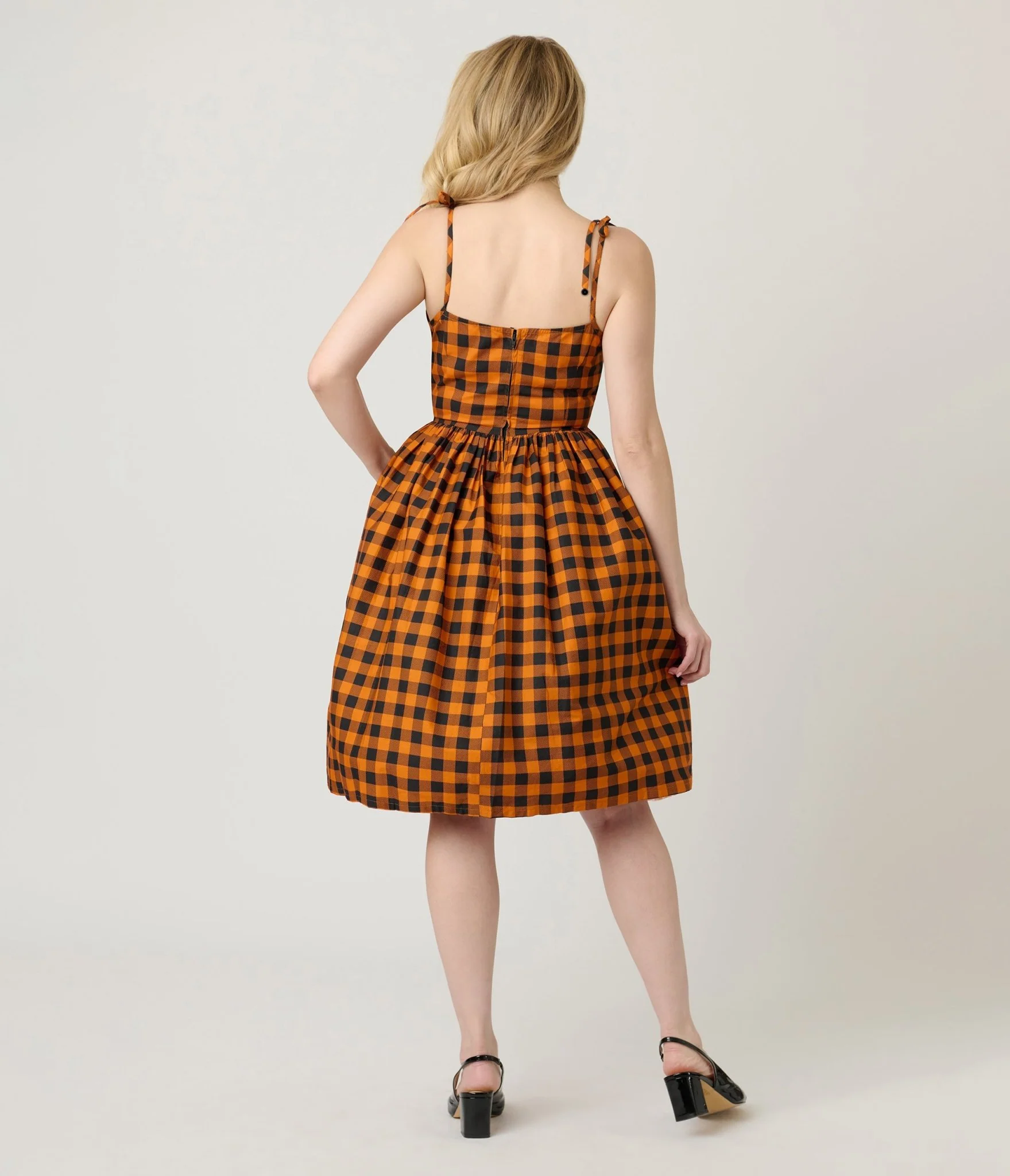 Unique Vintage Orange & Black Gingham Cotton Bobbie Swing Dress - Image 2