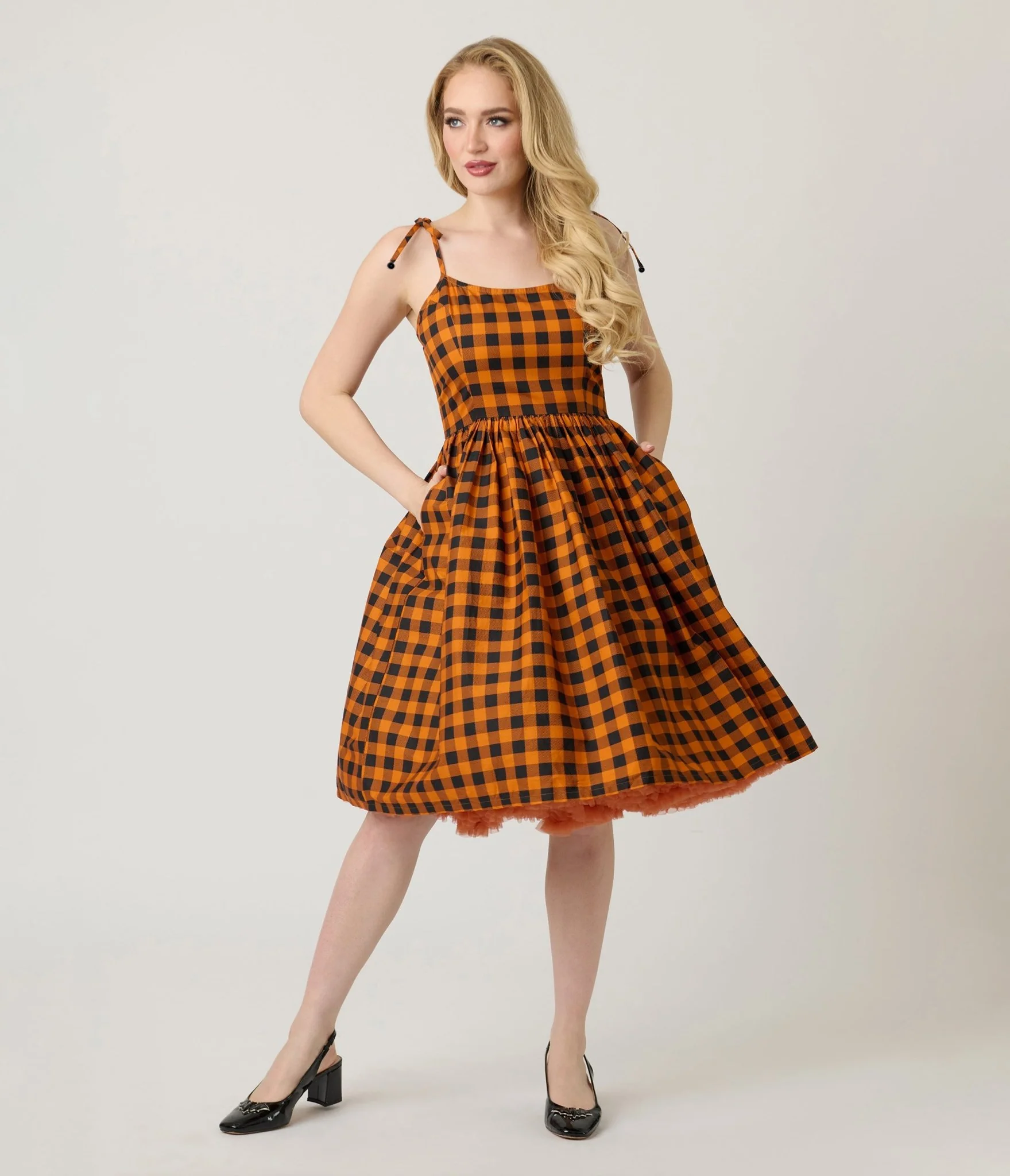 Unique Vintage Orange & Black Gingham Cotton Bobbie Swing Dress - Image 4
