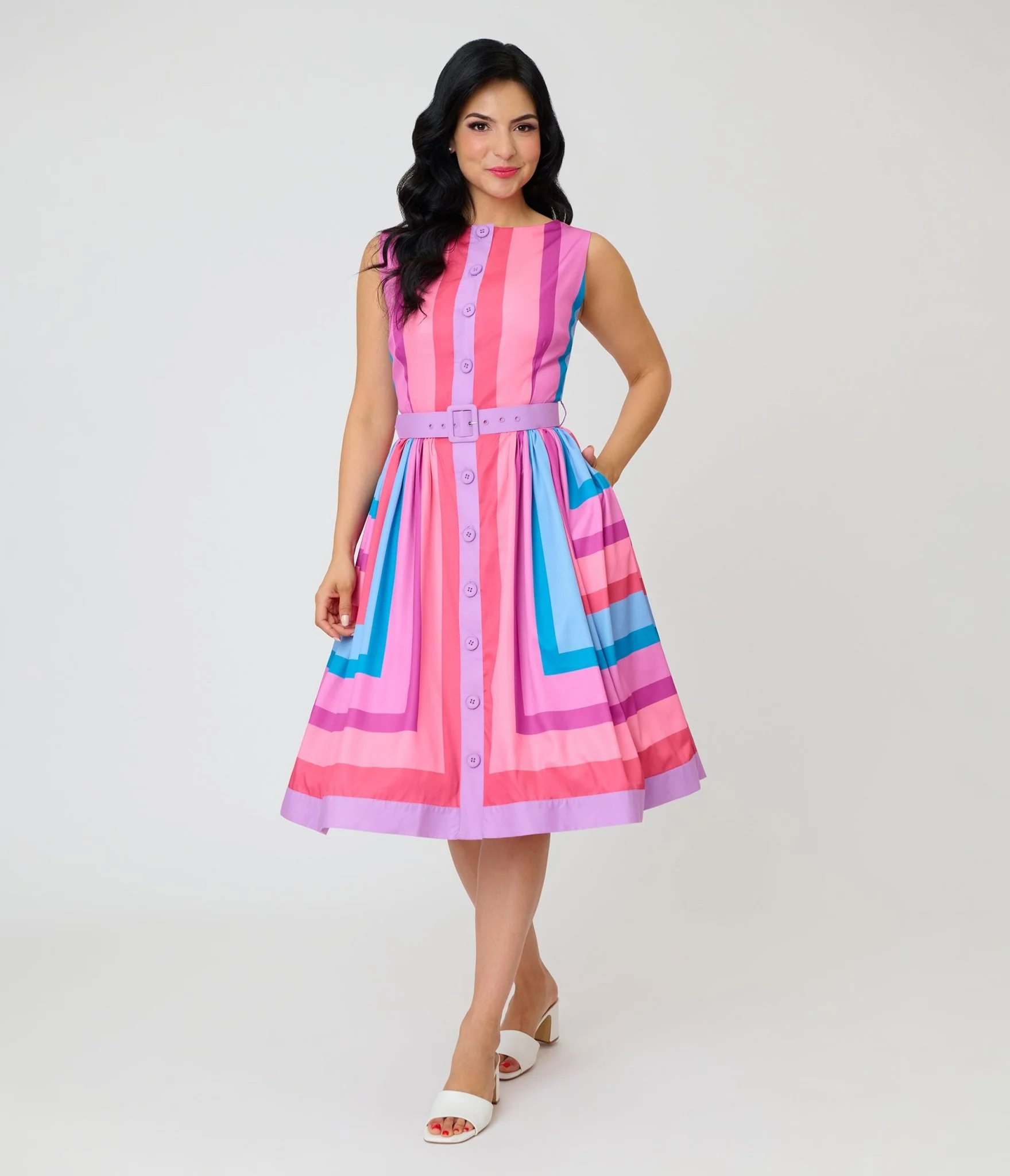 Unique Vintage Pastel Purple & Blue Stripe Sleeveless Button Swing Dress
