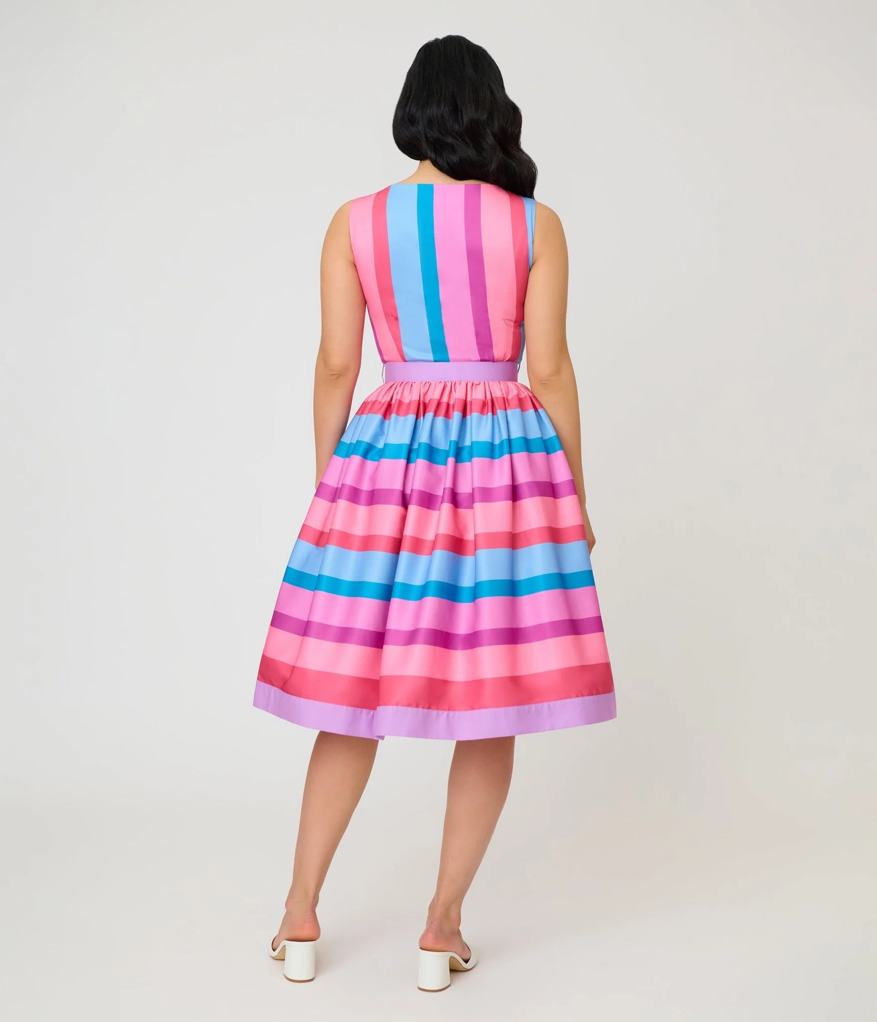 Unique Vintage Pastel Purple & Blue Stripe Sleeveless Button Swing Dress - Image 2