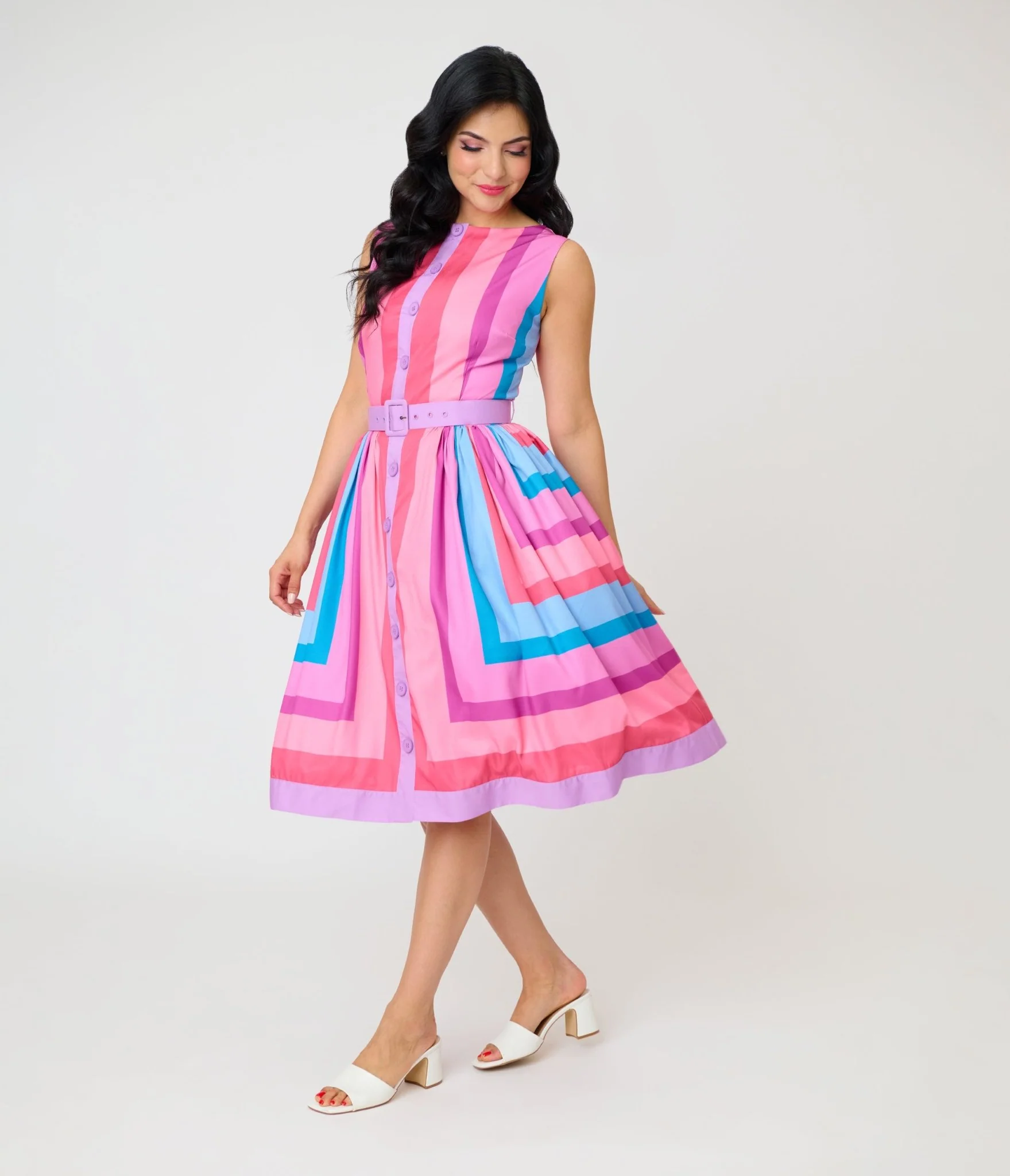 Unique Vintage Pastel Purple & Blue Stripe Sleeveless Button Swing Dress - Image 3