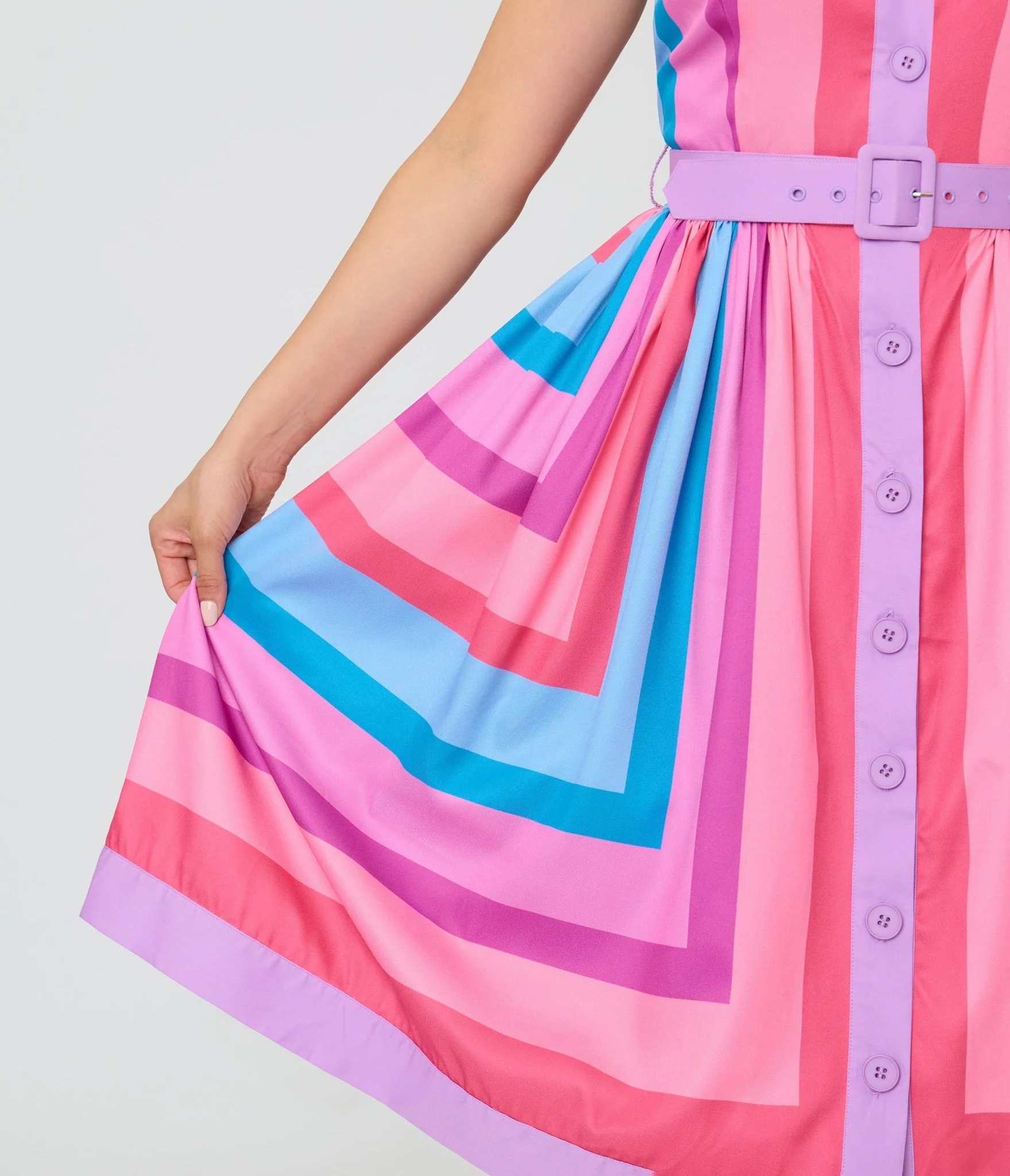 Unique Vintage Pastel Purple & Blue Stripe Sleeveless Button Swing Dress - Image 4