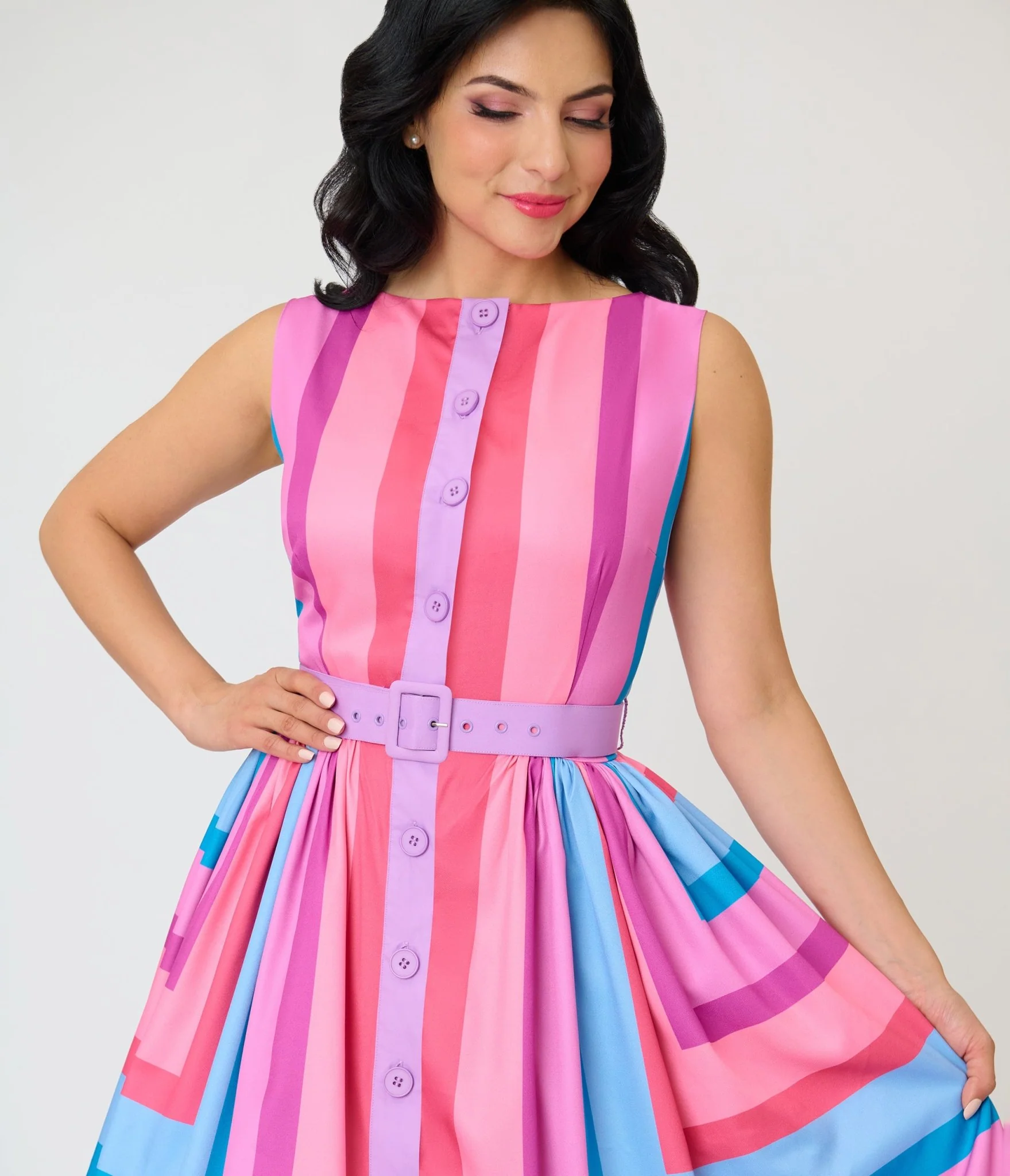 Unique Vintage Pastel Purple & Blue Stripe Sleeveless Button Swing Dress - Image 5