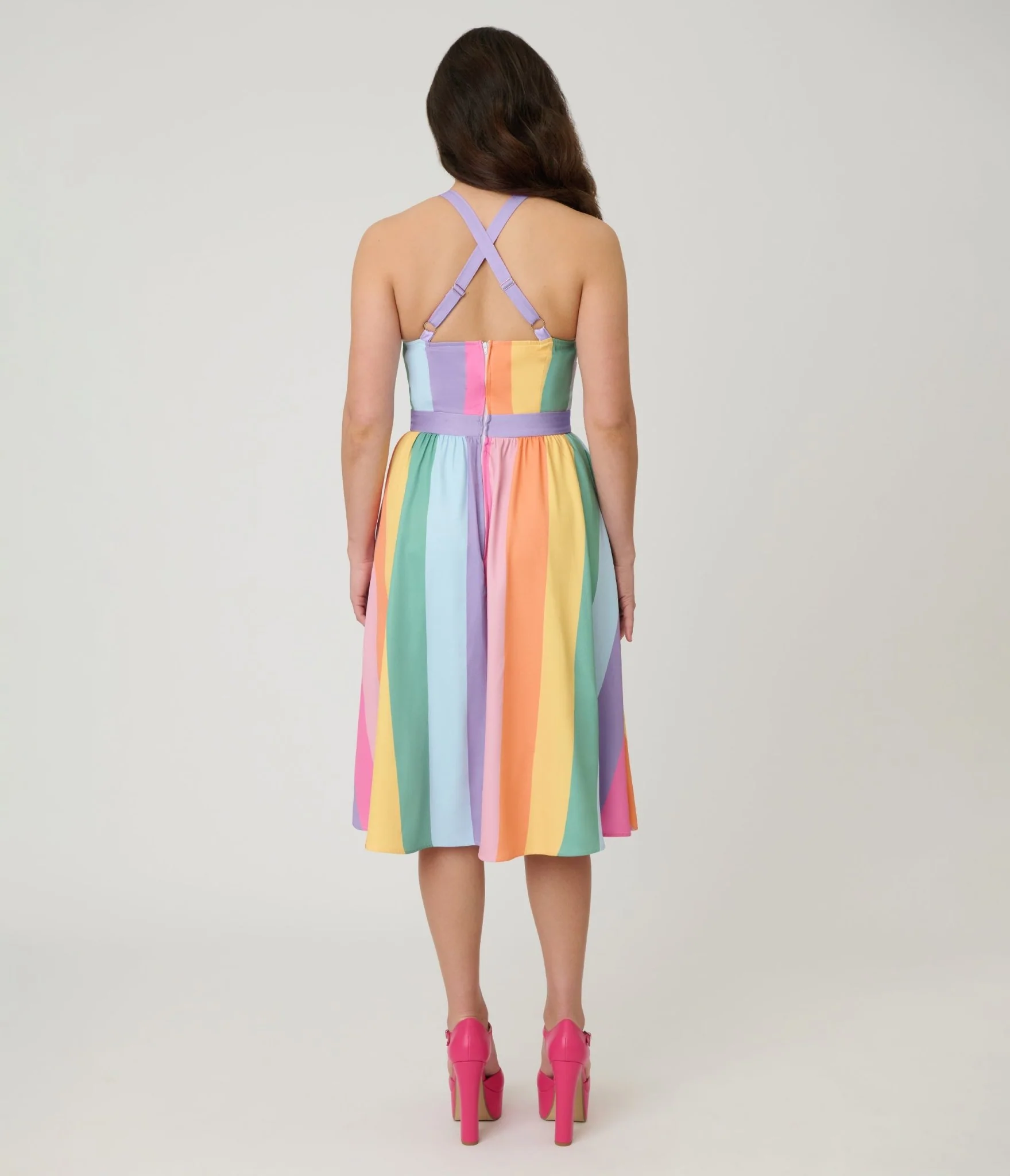 Unique Vintage Pastel Rainbow Stripe Lombard Swing Dress - Image 2