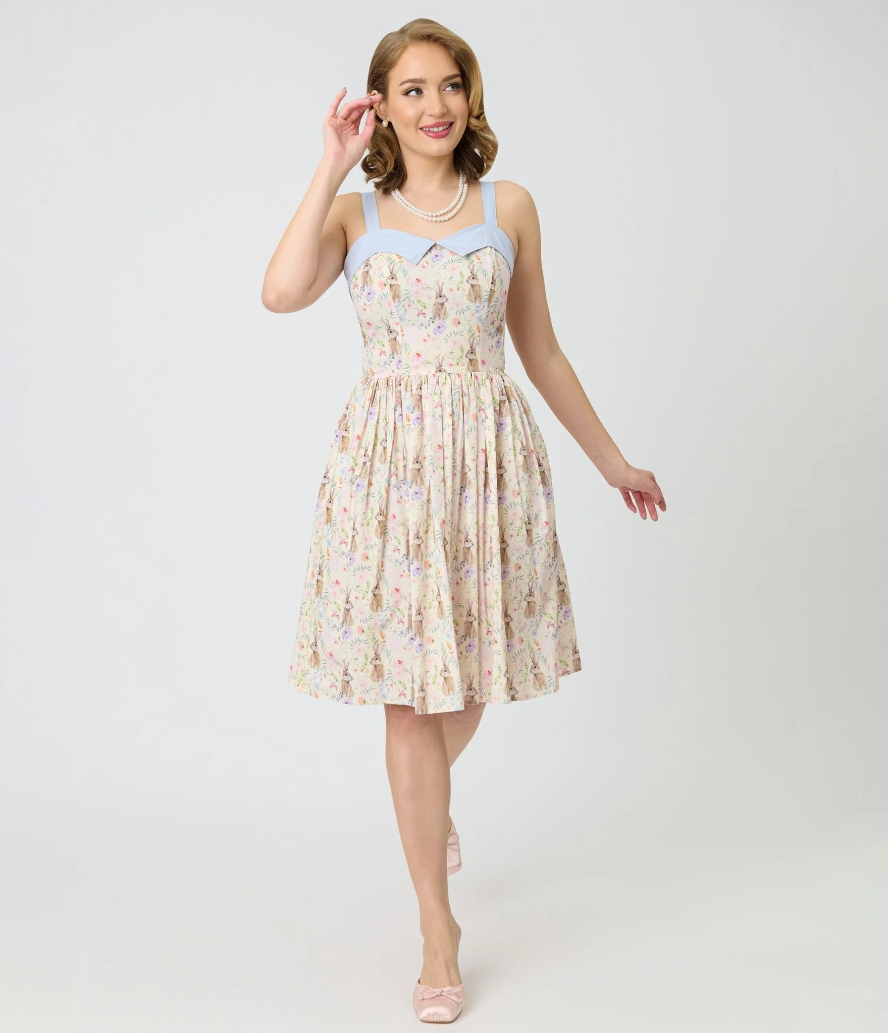 Unique Vintage Periwinkle Bunny Print Rachel Swing Dress - Image 3