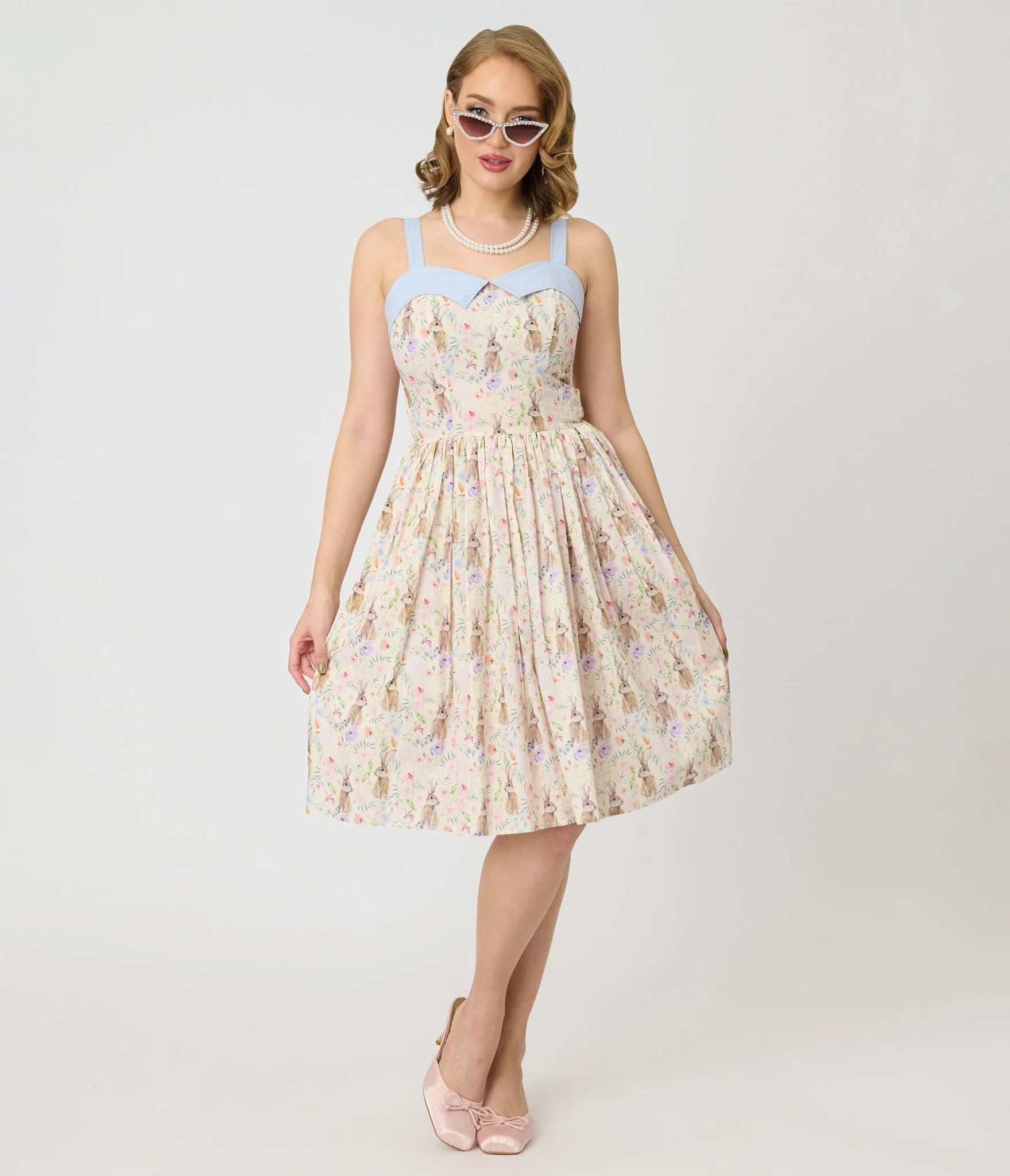 Unique Vintage Periwinkle Bunny Print Rachel Swing Dress - Image 4