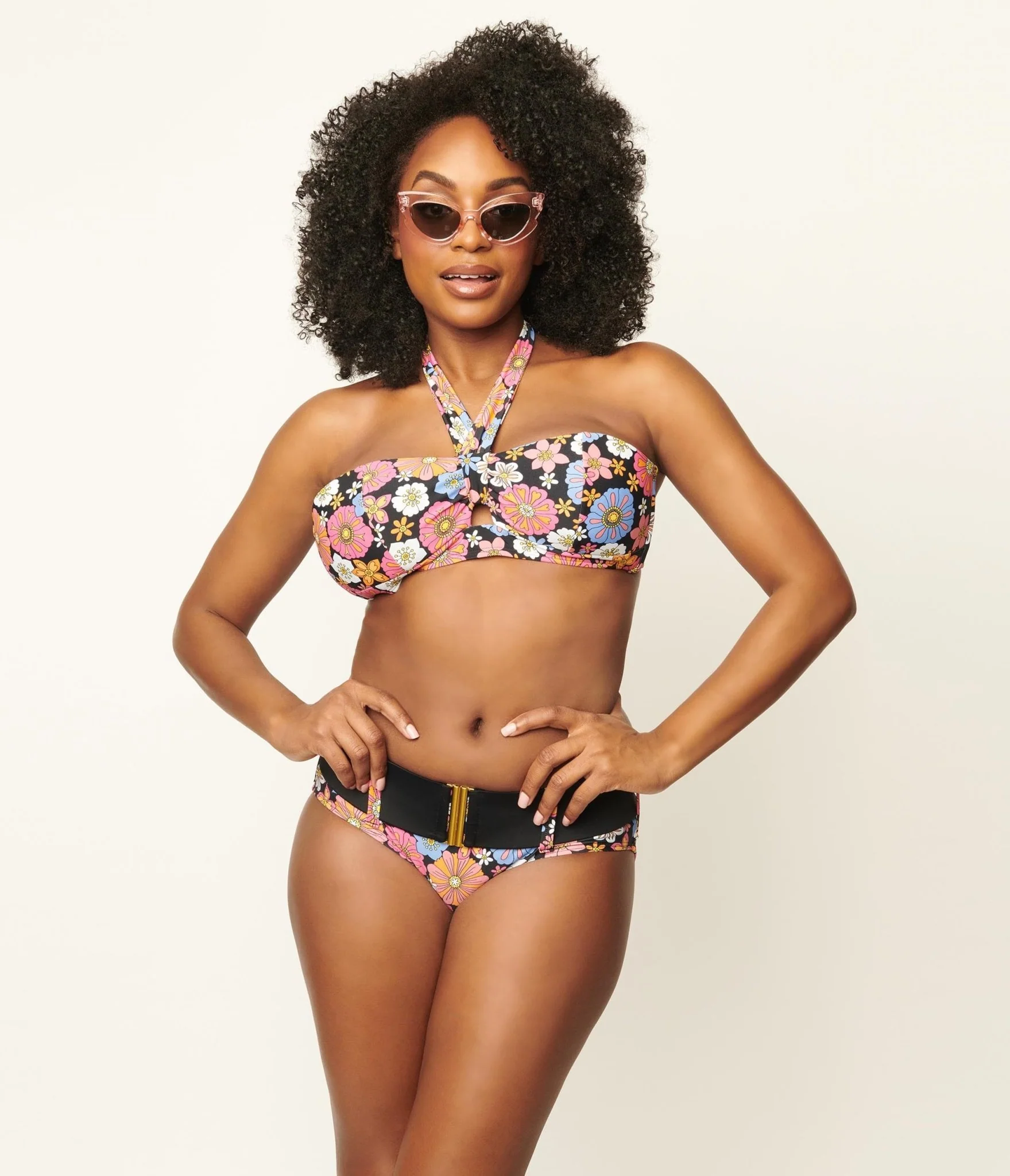 Unique Vintage Pink & Blue Floral Print Forever Glam Swim Top - Image 3