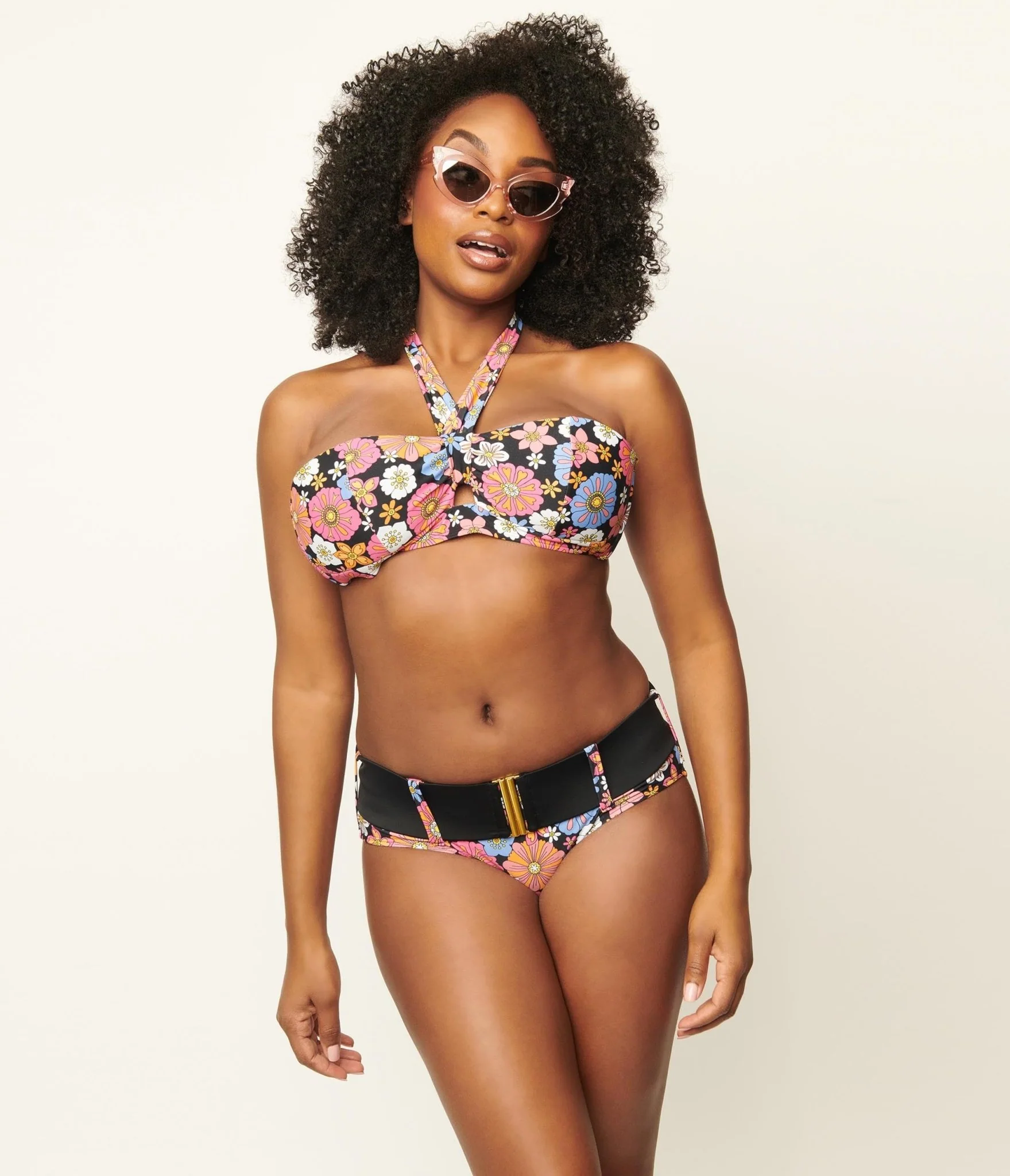 Unique Vintage Pink & Blue Floral Print Forever Glam Swim Top - Image 5