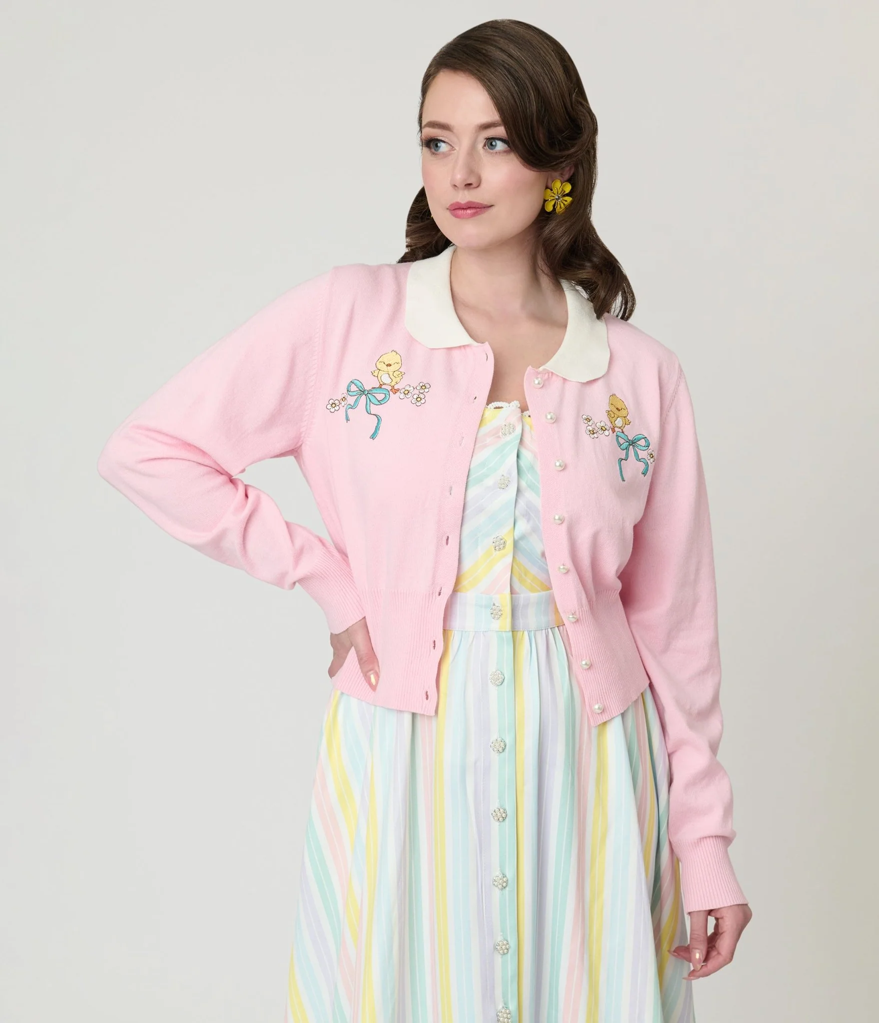 Unique Vintage Pink Chick Embroidered Cardigan - Image 4