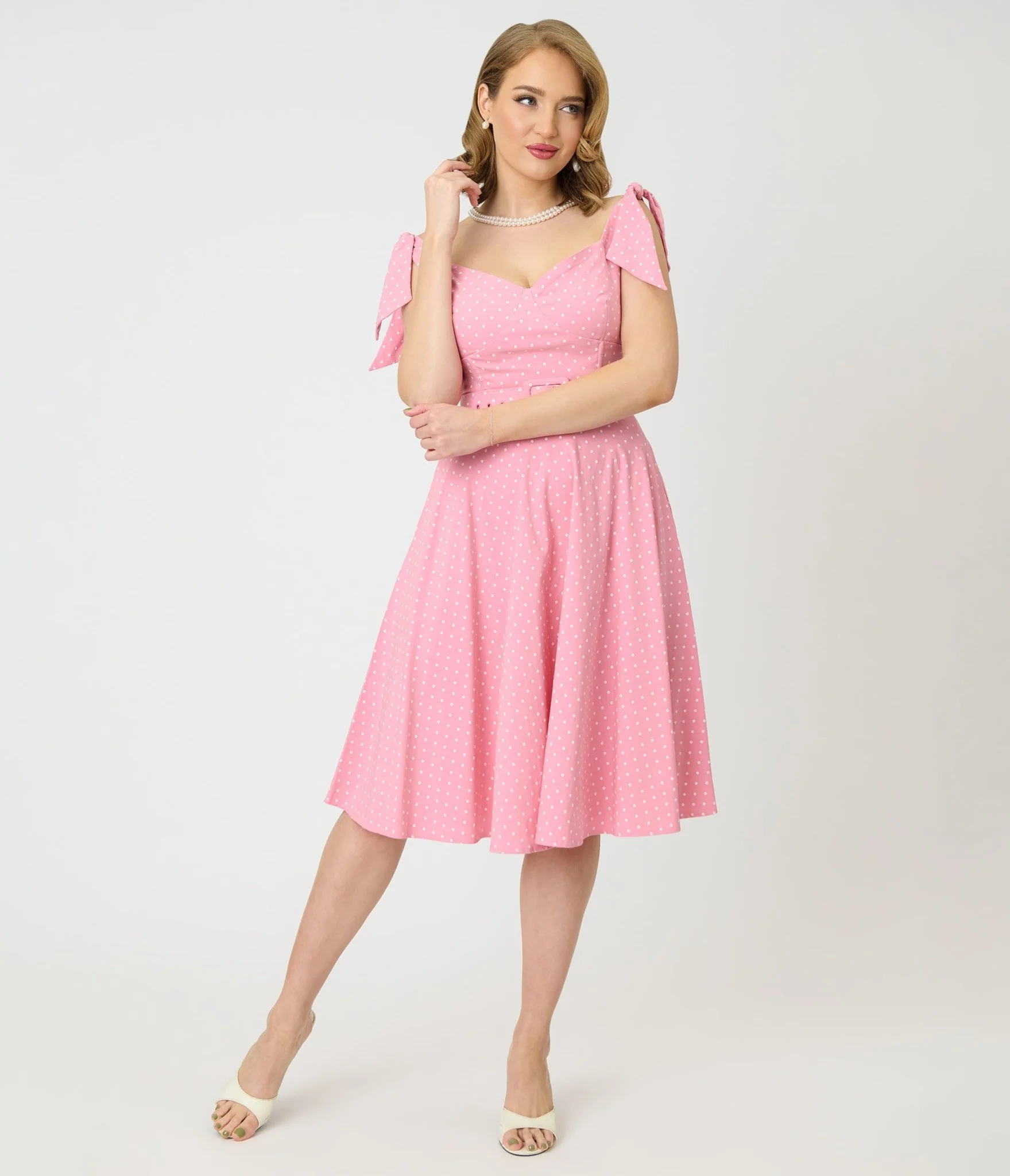 Unique Vintage Pink Pin Dot Off The Shoulder Prairie Swing Dress - Image 3