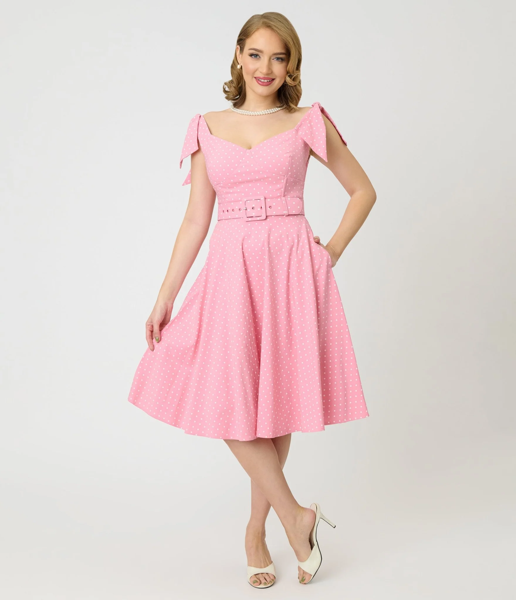 Unique Vintage Pink Pin Dot Off The Shoulder Prairie Swing Dress - Image 4