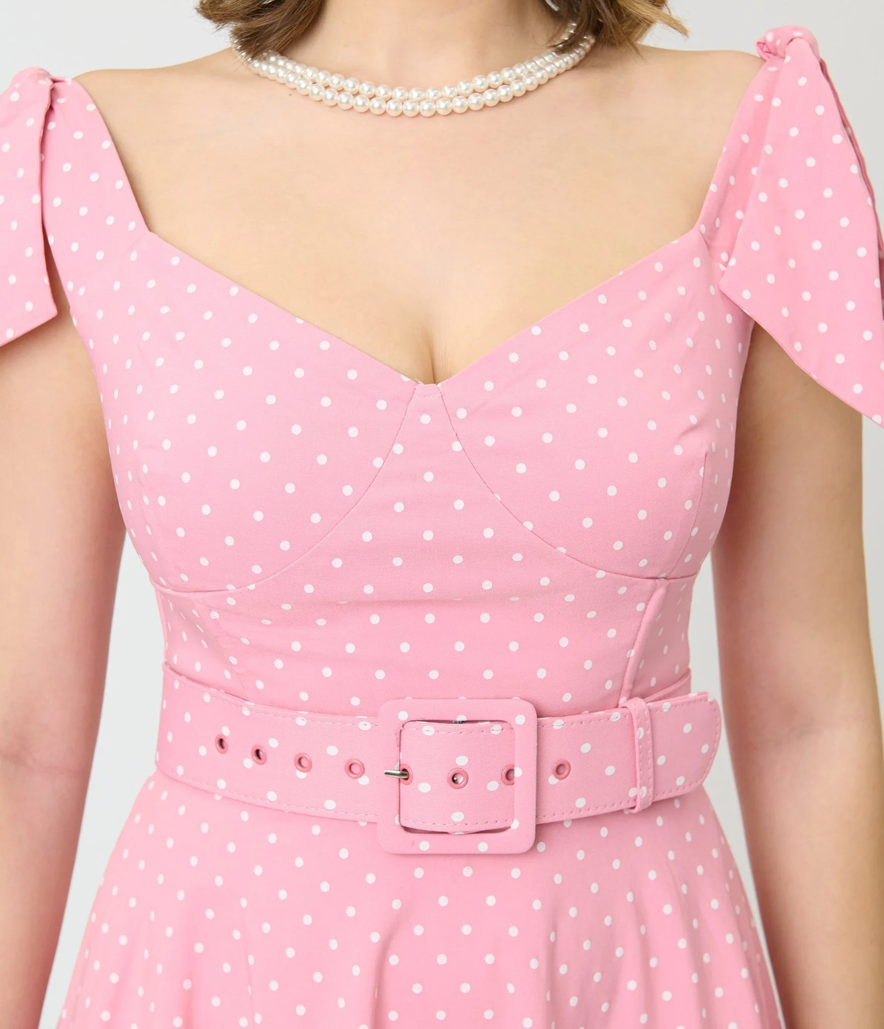 Unique Vintage Pink Pin Dot Off The Shoulder Prairie Swing Dress - Image 5