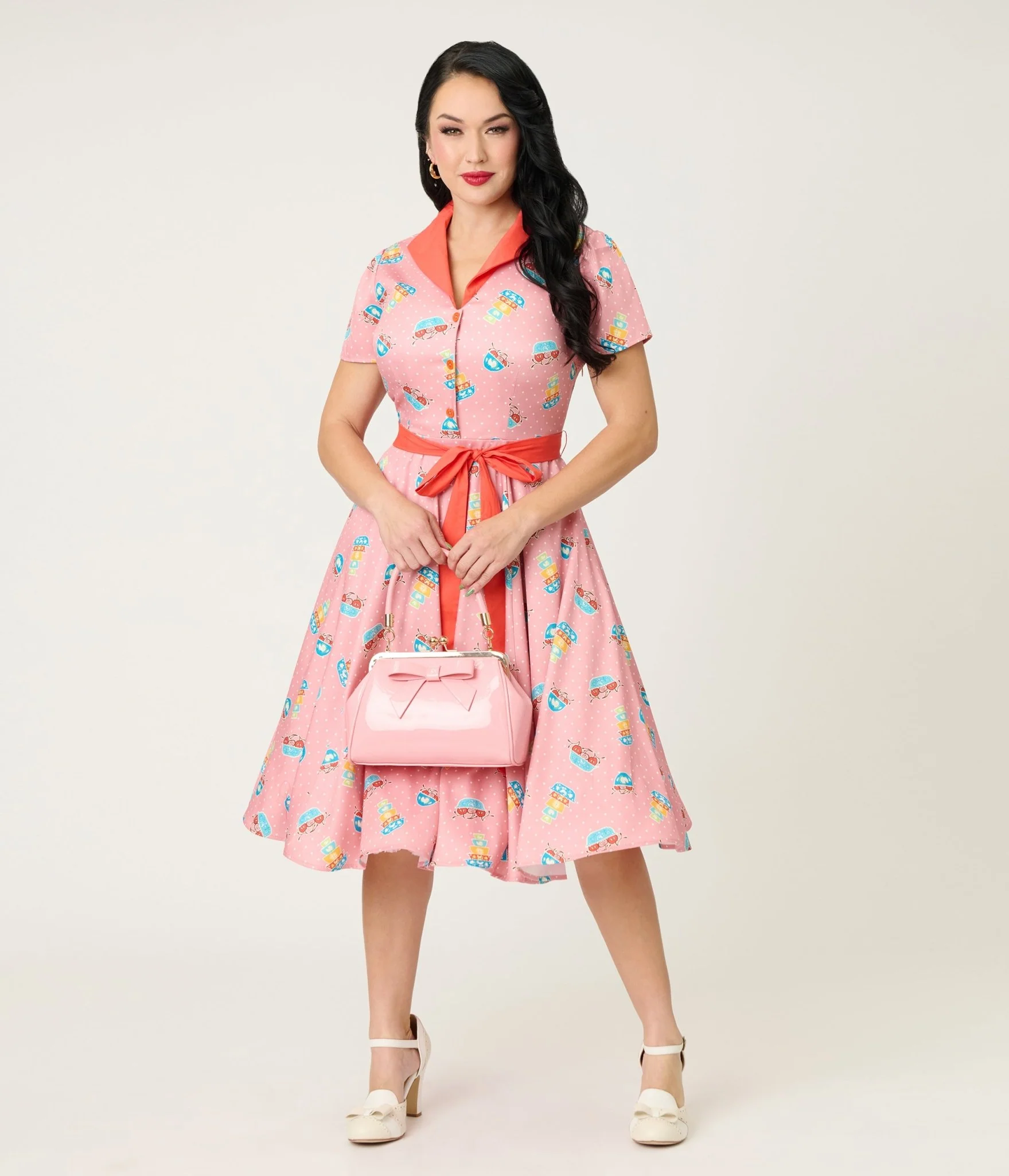 Unique Vintage Pink Pyrex Print Cotton Shirt Dress - Image 3