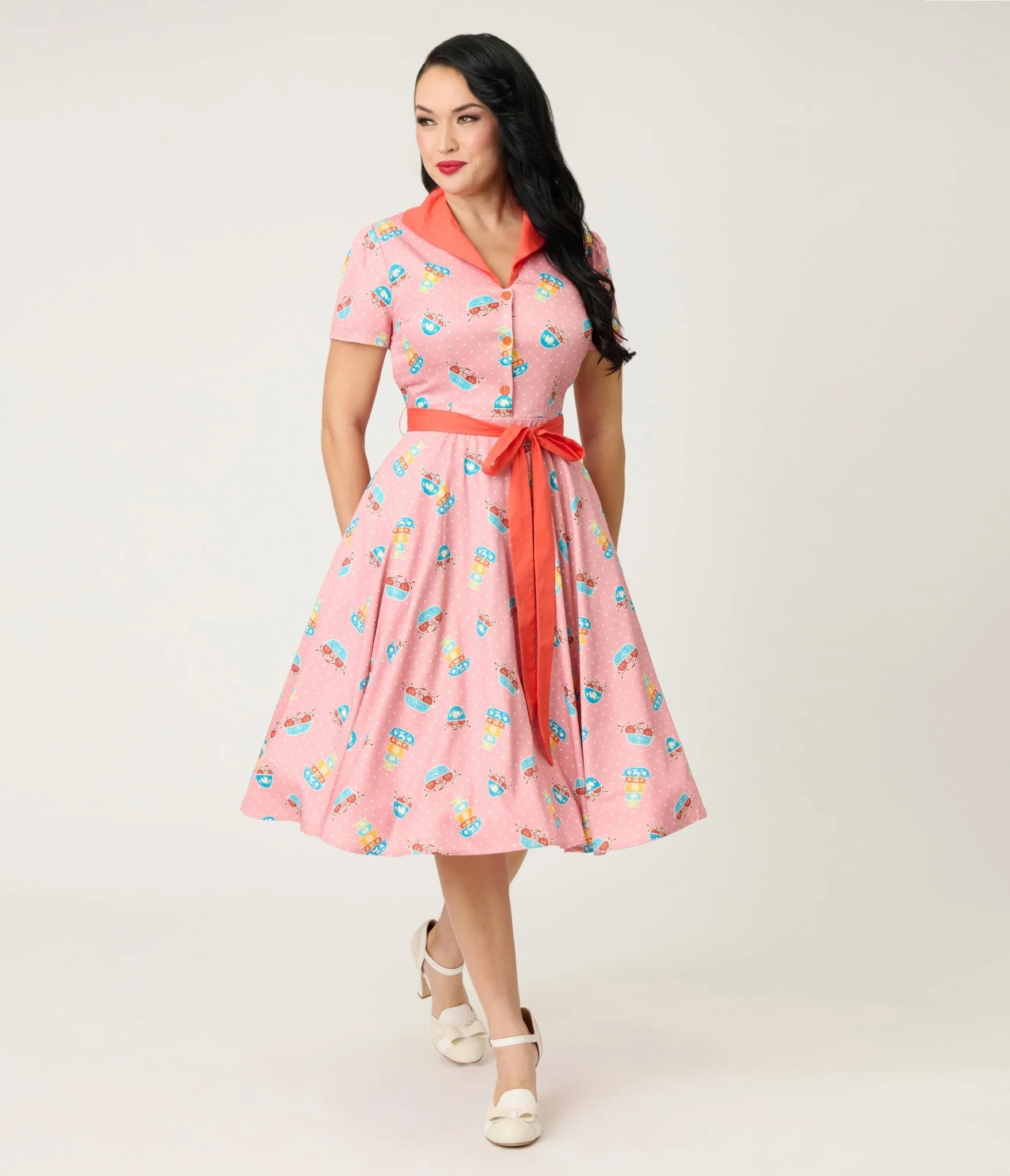 Unique Vintage Pink Pyrex Print Cotton Shirt Dress - Image 4