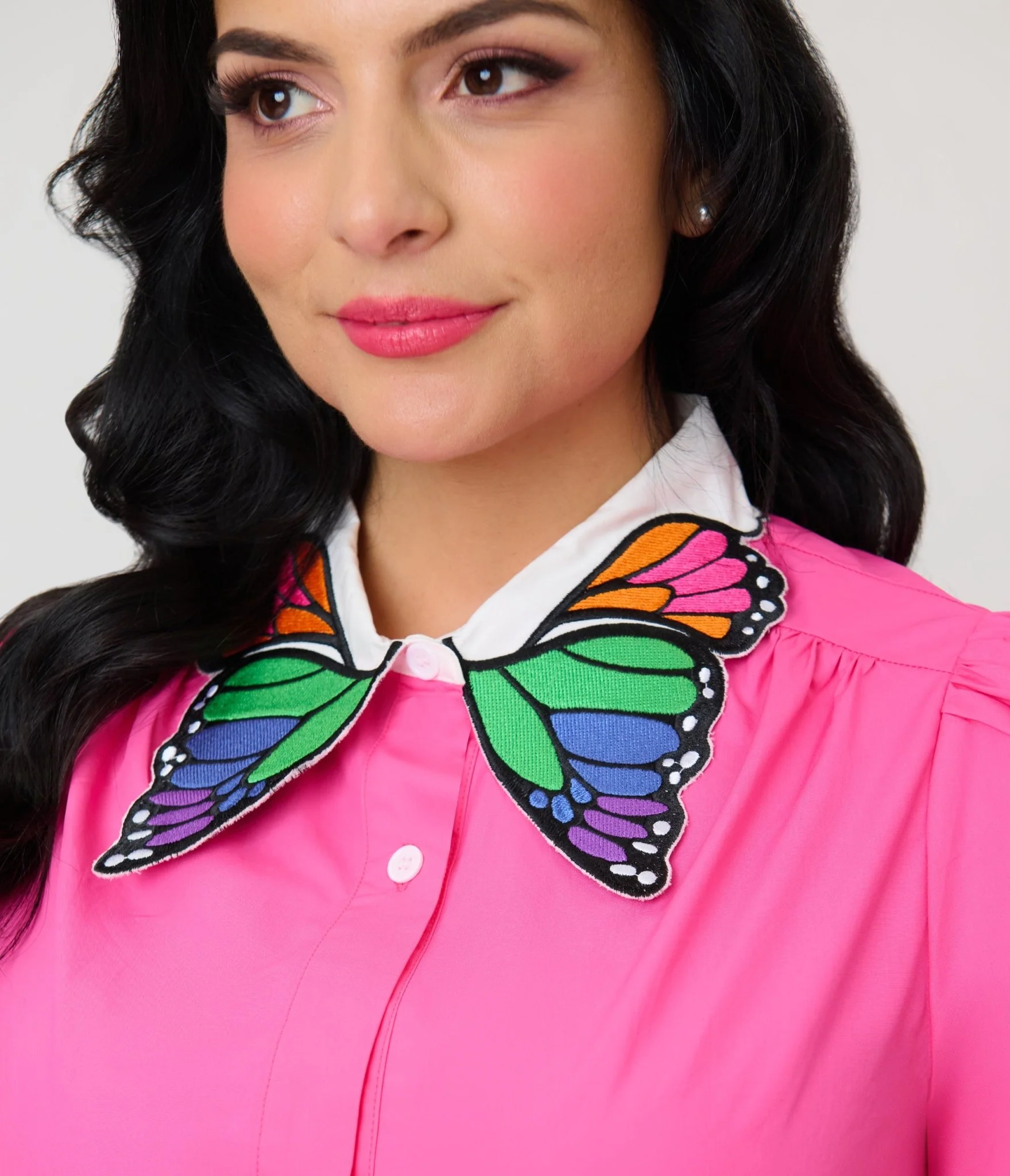 Unique Vintage Pink & Rainbow Butterfly Collar Cotton Blouse - Image 4