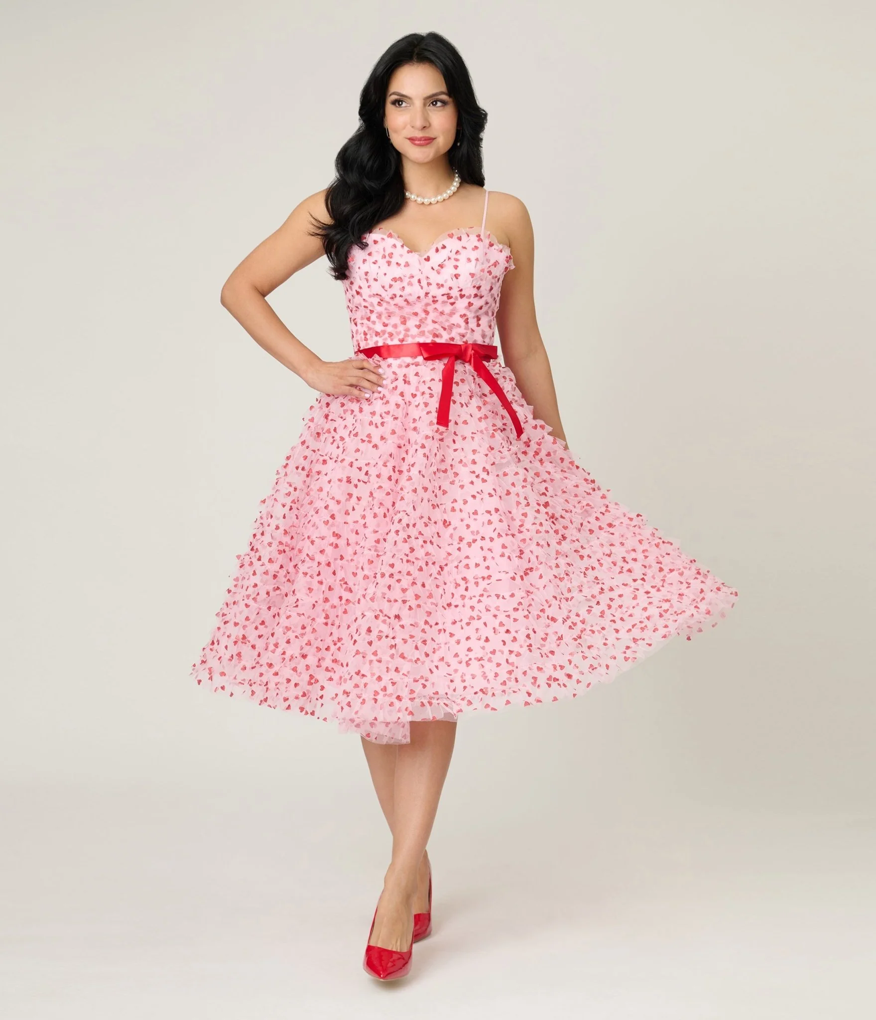 Unique Vintage Pink & Red Glitter Heart Tulle Cupcake Swing Dress - Image 4