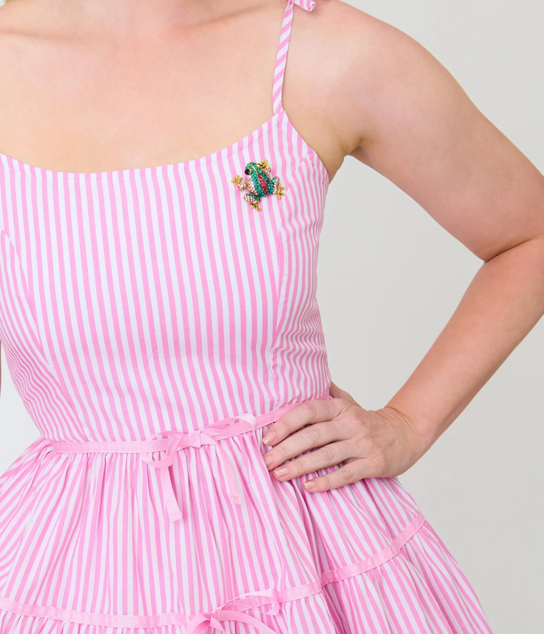 Unique Vintage Pink Stripes & Frog Brooch Tiered Swing Dress - Image 4