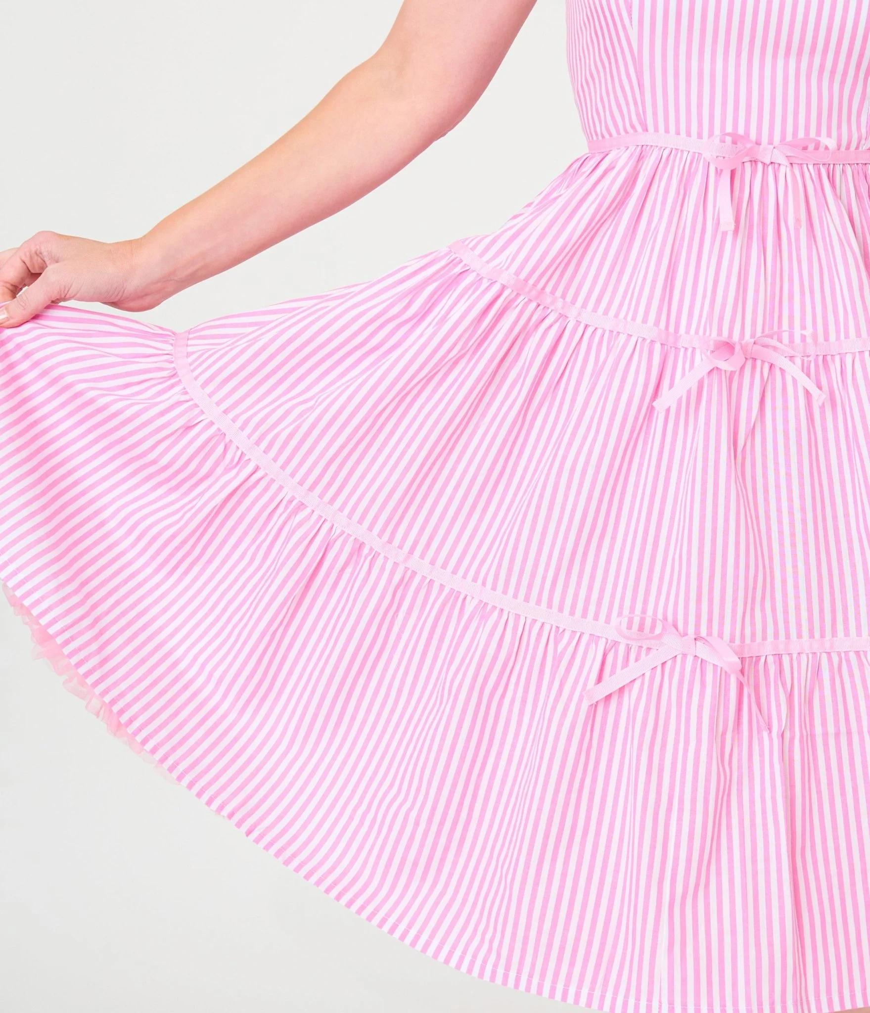 Unique Vintage Pink Stripes & Frog Brooch Tiered Swing Dress - Image 5