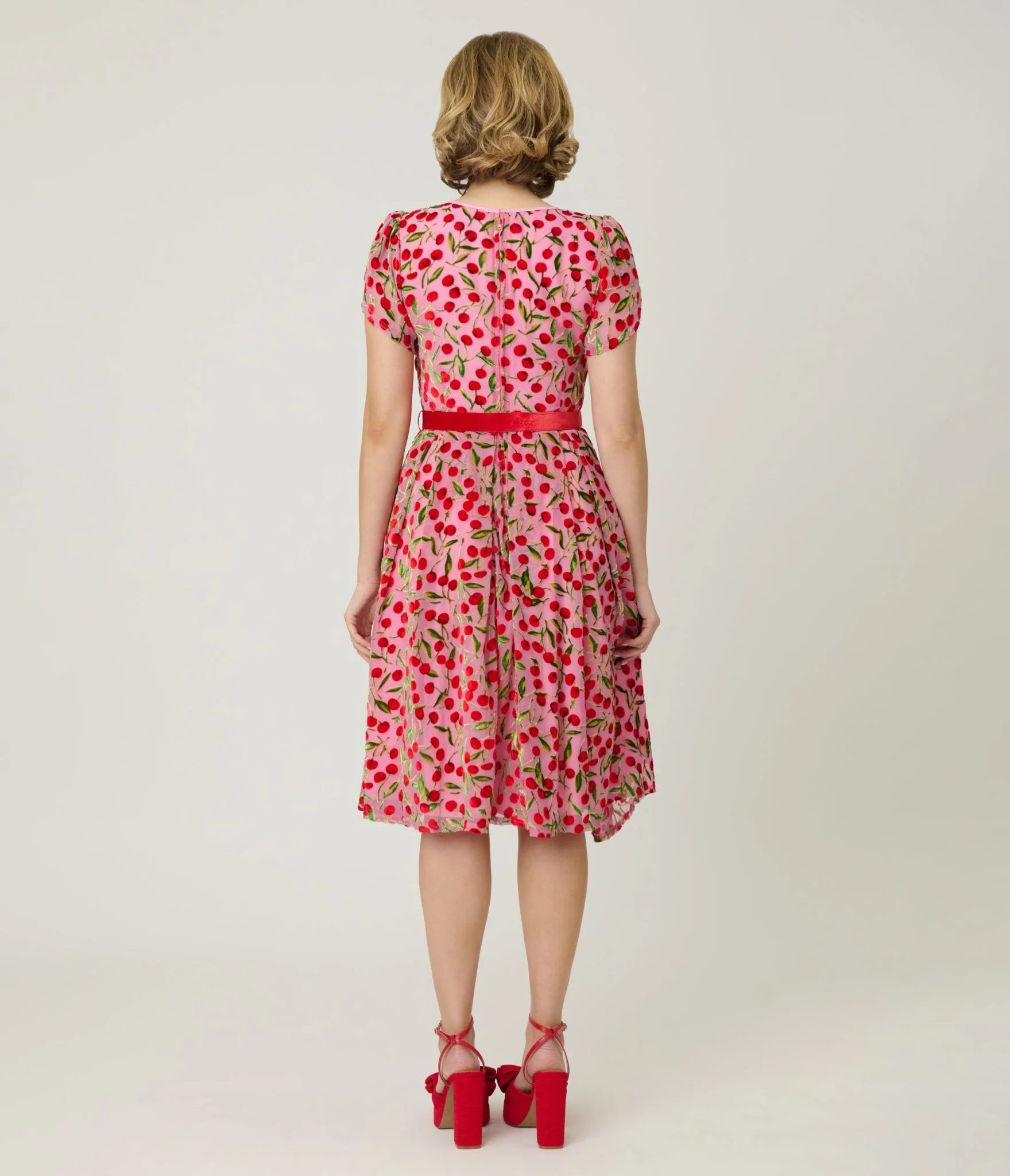 Unique Vintage Pink Velvet Cherries Dahlia Swing Dress - Image 2