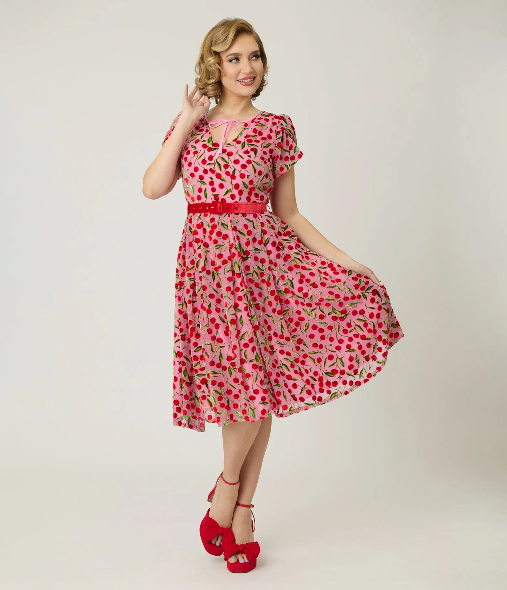 Unique Vintage Pink Velvet Cherries Dahlia Swing Dress - Image 3
